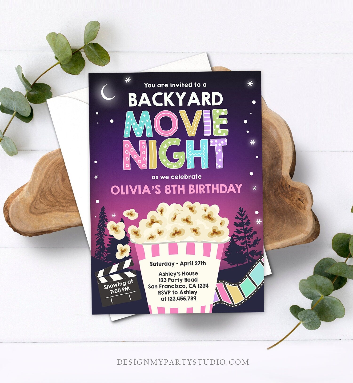 Editable Backyard Movie Night Birthday Invitation Girl Outdoor Movie Under The Stars Cinema Popcorn Sleepover Party Corjl Template 0367