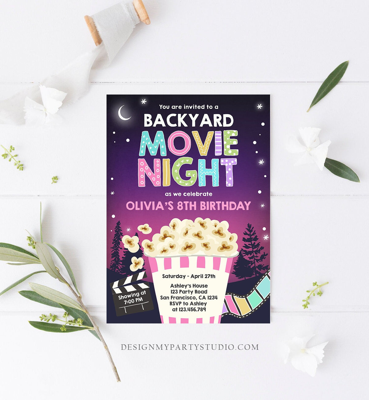 Editable Backyard Movie Night Birthday Invitation Girl Outdoor Movie Under The Stars Cinema Popcorn Sleepover Party Corjl Template 0367