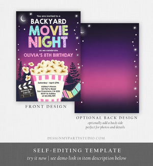 Editable Backyard Movie Night Birthday Invitation Girl Outdoor Movie Under The Stars Cinema Popcorn Sleepover Party Corjl Template 0367