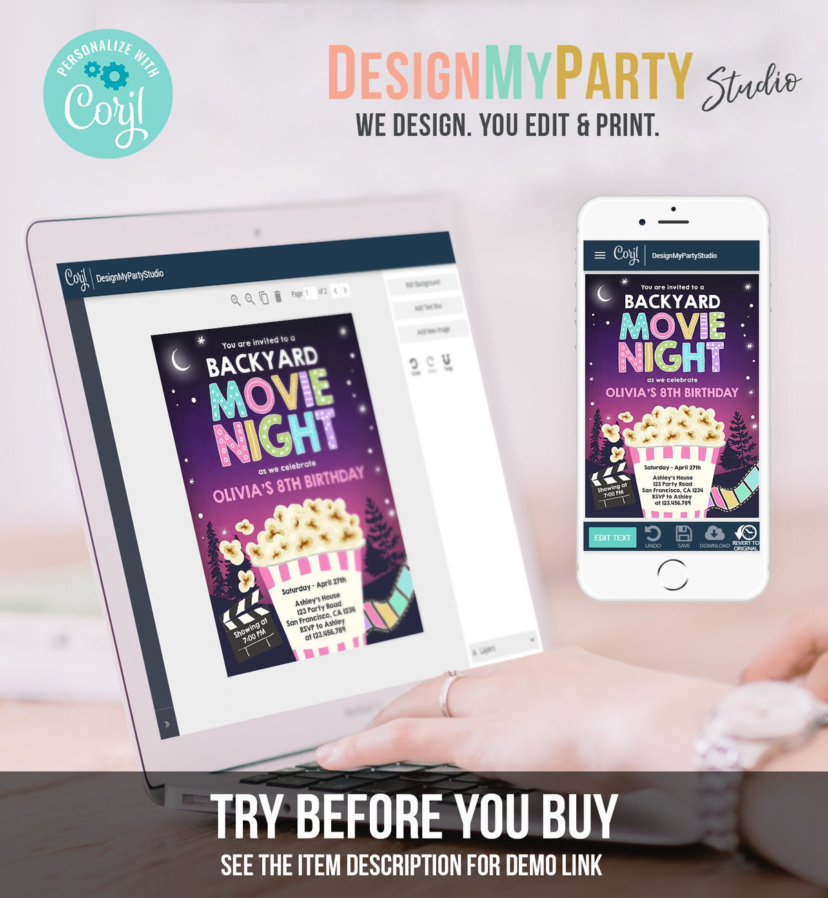 Editable Backyard Movie Night Birthday Invitation Girl Outdoor Movie Under The Stars Cinema Popcorn Sleepover Party Corjl Template 0367