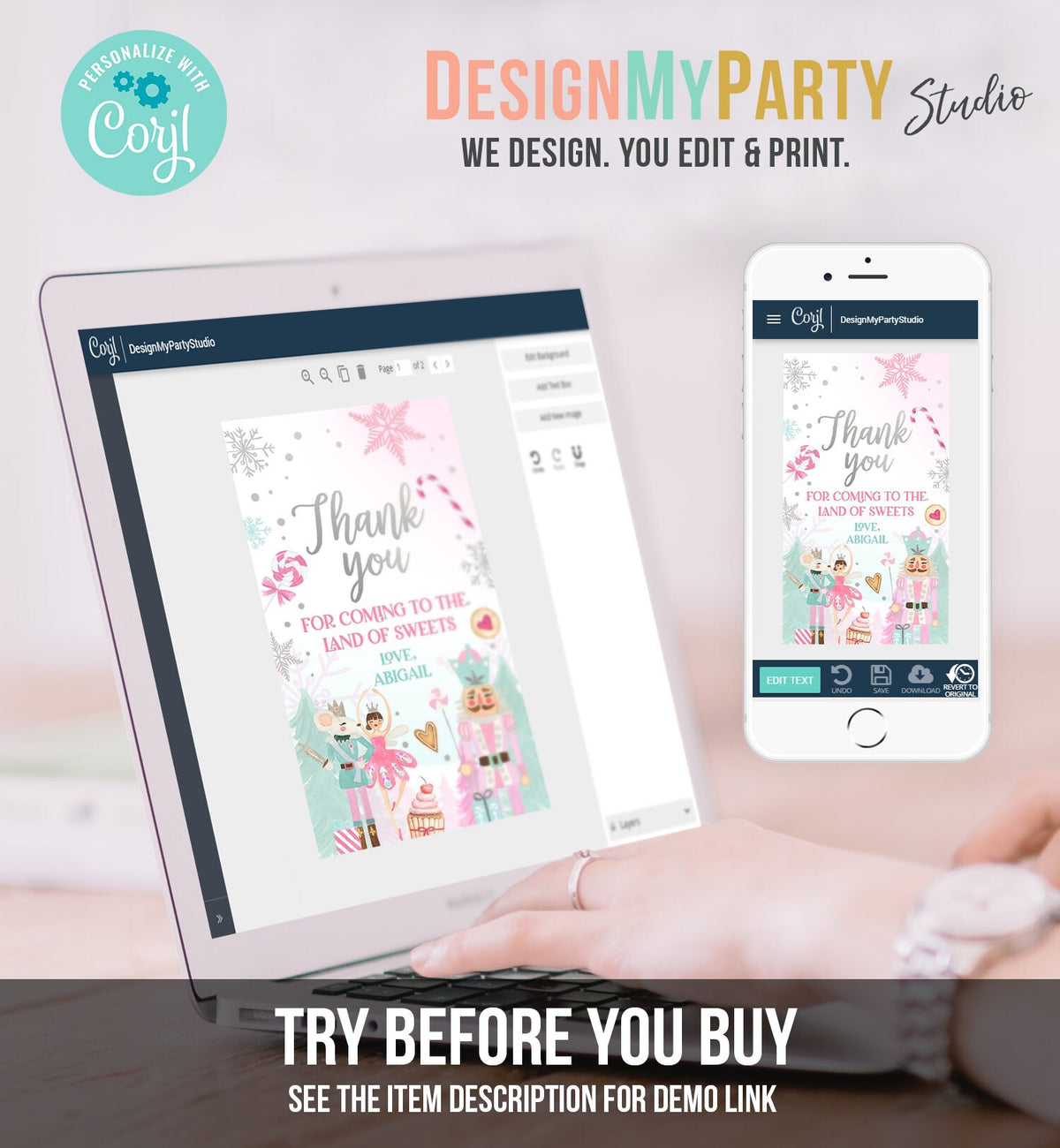 Editable Nutcracker Favor Tag Nutcracker Birthday Land of Sweets Thank You Tag Sugar Plum Fairy Christmas Winter Pink Silver Digital 0352