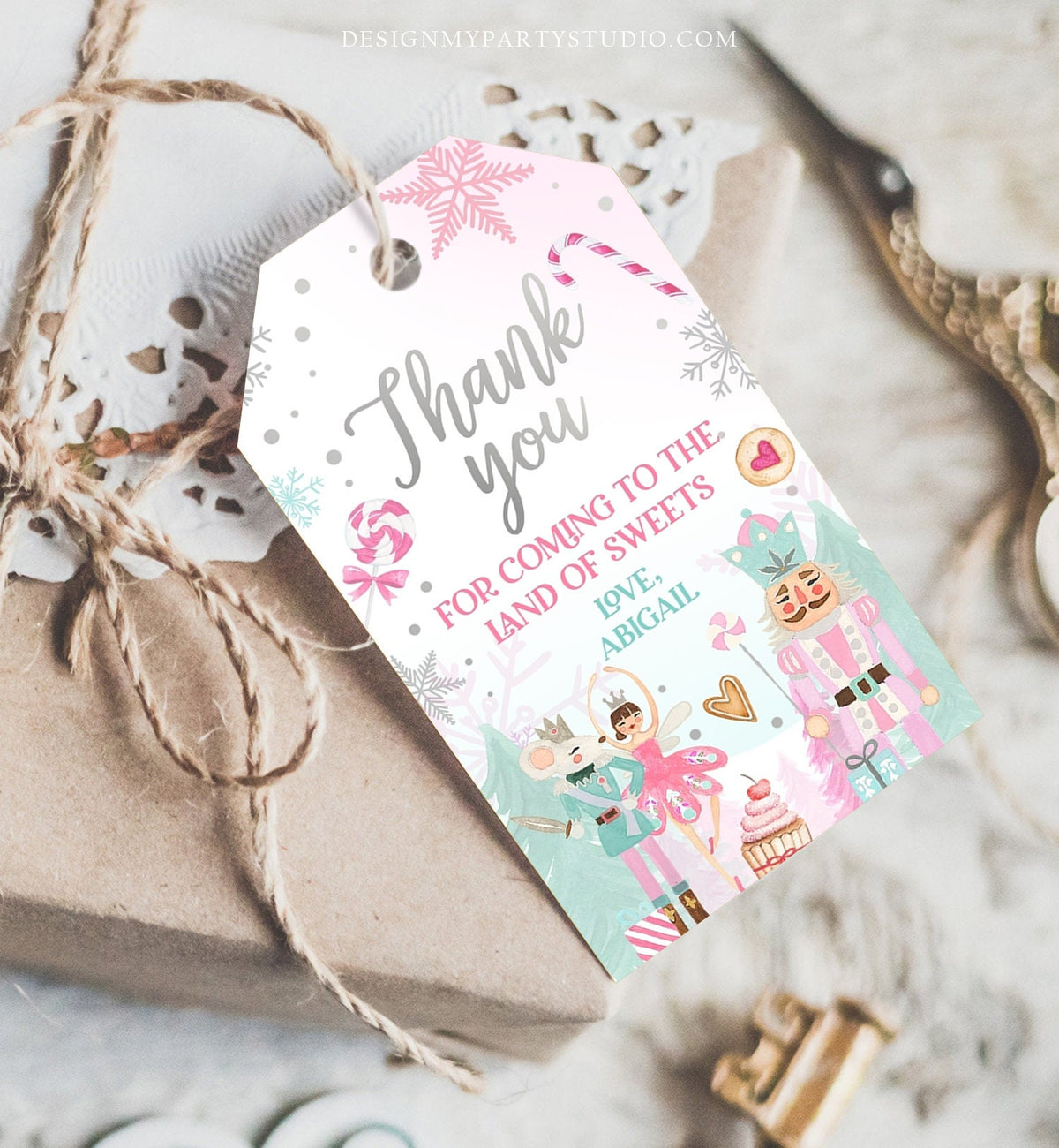 Editable Nutcracker Favor Tag Nutcracker Birthday Land of Sweets Thank You Tag Sugar Plum Fairy Christmas Winter Pink Silver Digital 0352