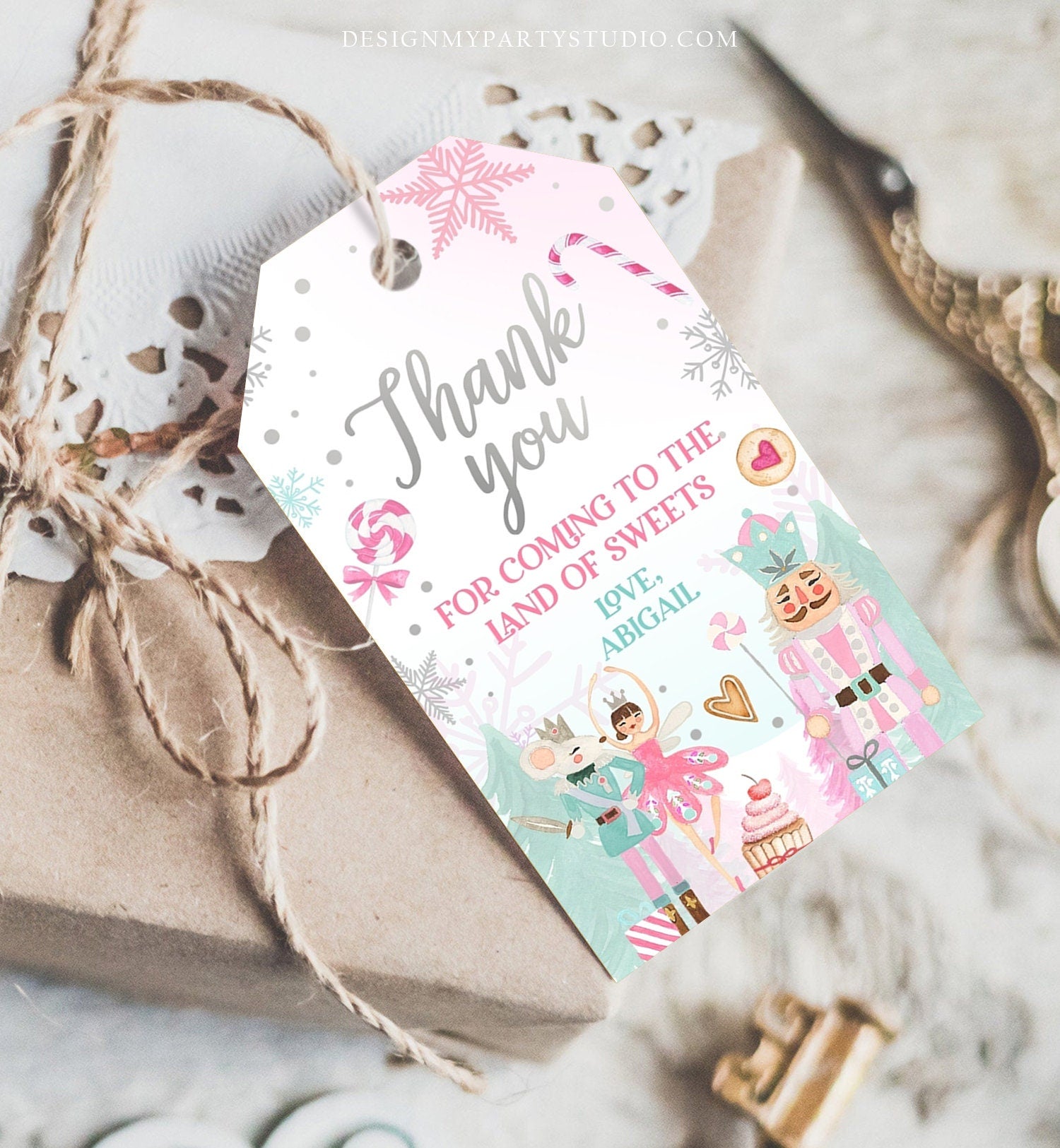 Editable Nutcracker Favor Tag Nutcracker Birthday Land of Sweets Thank You Tag Sugar Plum Fairy Christmas Winter Pink Silver Digital 0352
