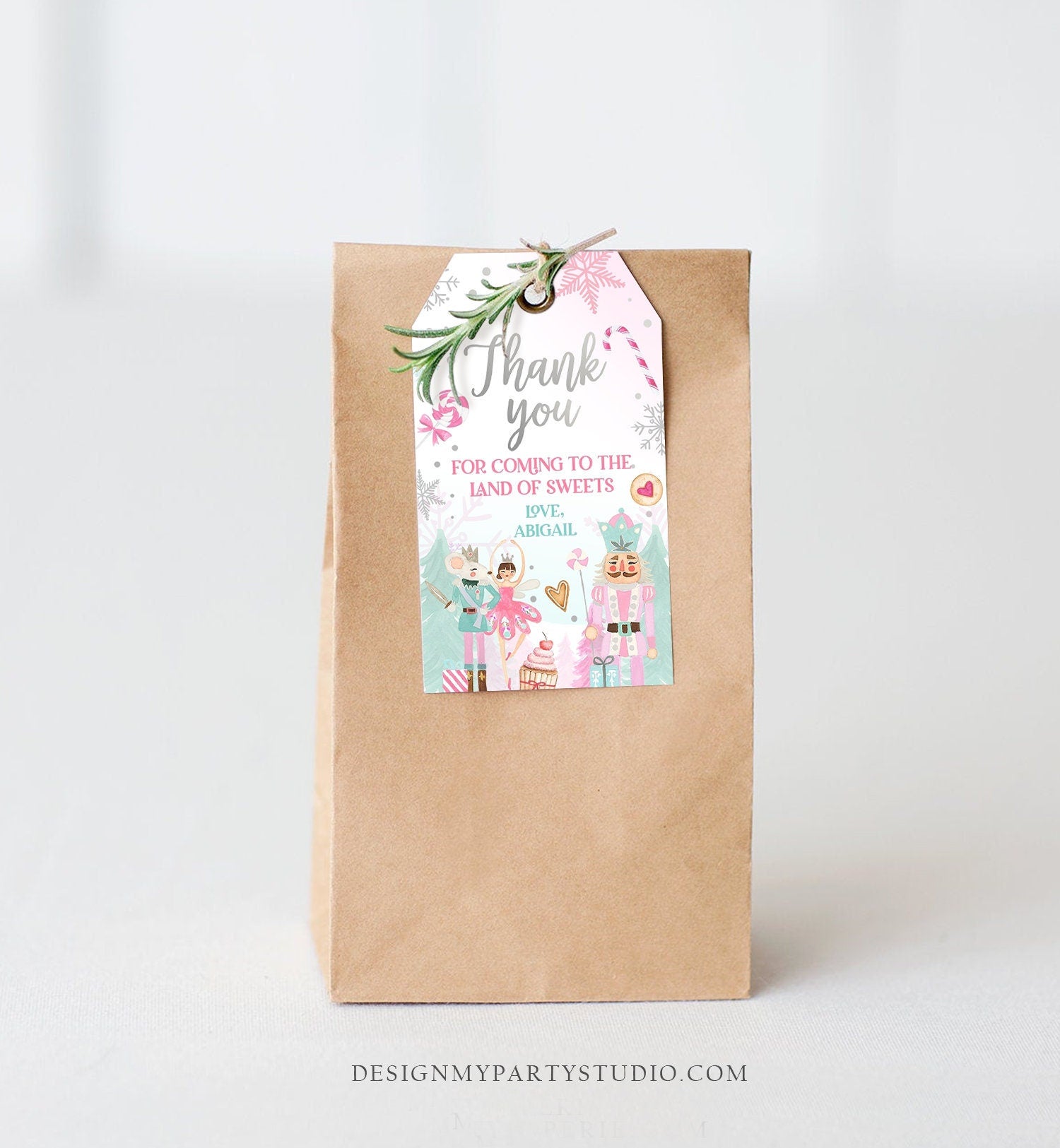 Editable Nutcracker Favor Tag Nutcracker Birthday Land of Sweets Thank You Tag Sugar Plum Fairy Christmas Winter Pink Silver Digital 0352
