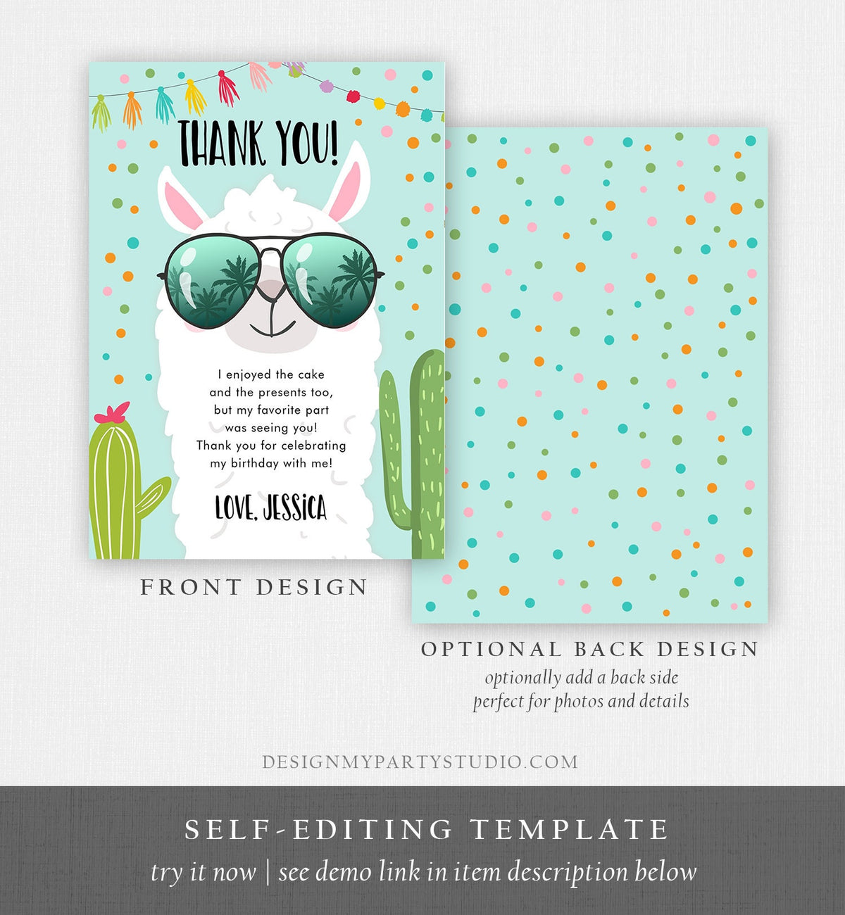 Editable Llama Thank You Card Fiesta Mexican Birthday Sunglasses Thank You Note Shower Cactus Blue Boy Alpaca Corjl Template Printable 0079