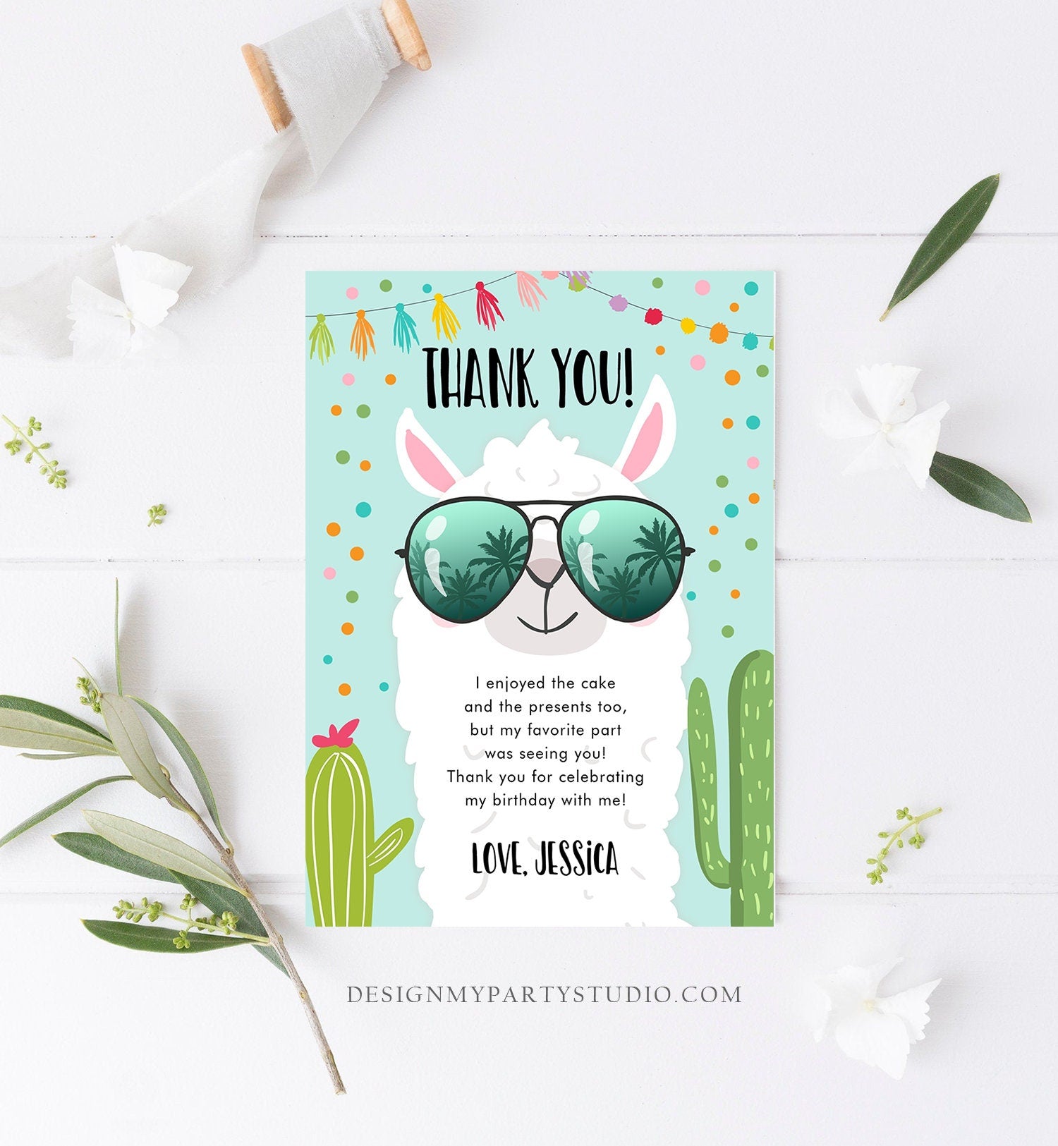 Editable Llama Thank You Card Fiesta Mexican Birthday Sunglasses Thank You Note Shower Cactus Blue Boy Alpaca Corjl Template Printable 0079