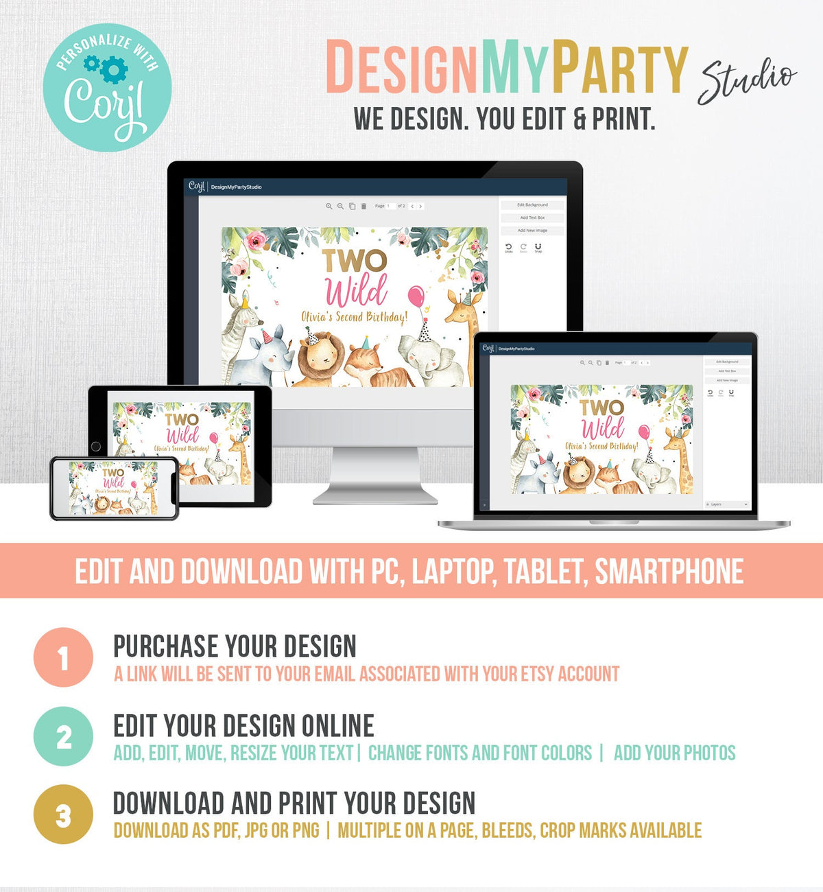 Editable Party Animals Birthday Backdrop Banner Safari Animals Girl Two Wild 2nd Birthday Welcome Sign Digital Template Printable 0163