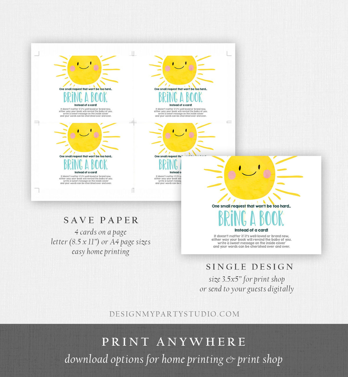 Editable Baby Shower Bring a Book Card A Ray Of Sunshine Little Sunshine Blue Books for Baby Book Request Template Corjl Printable 0141