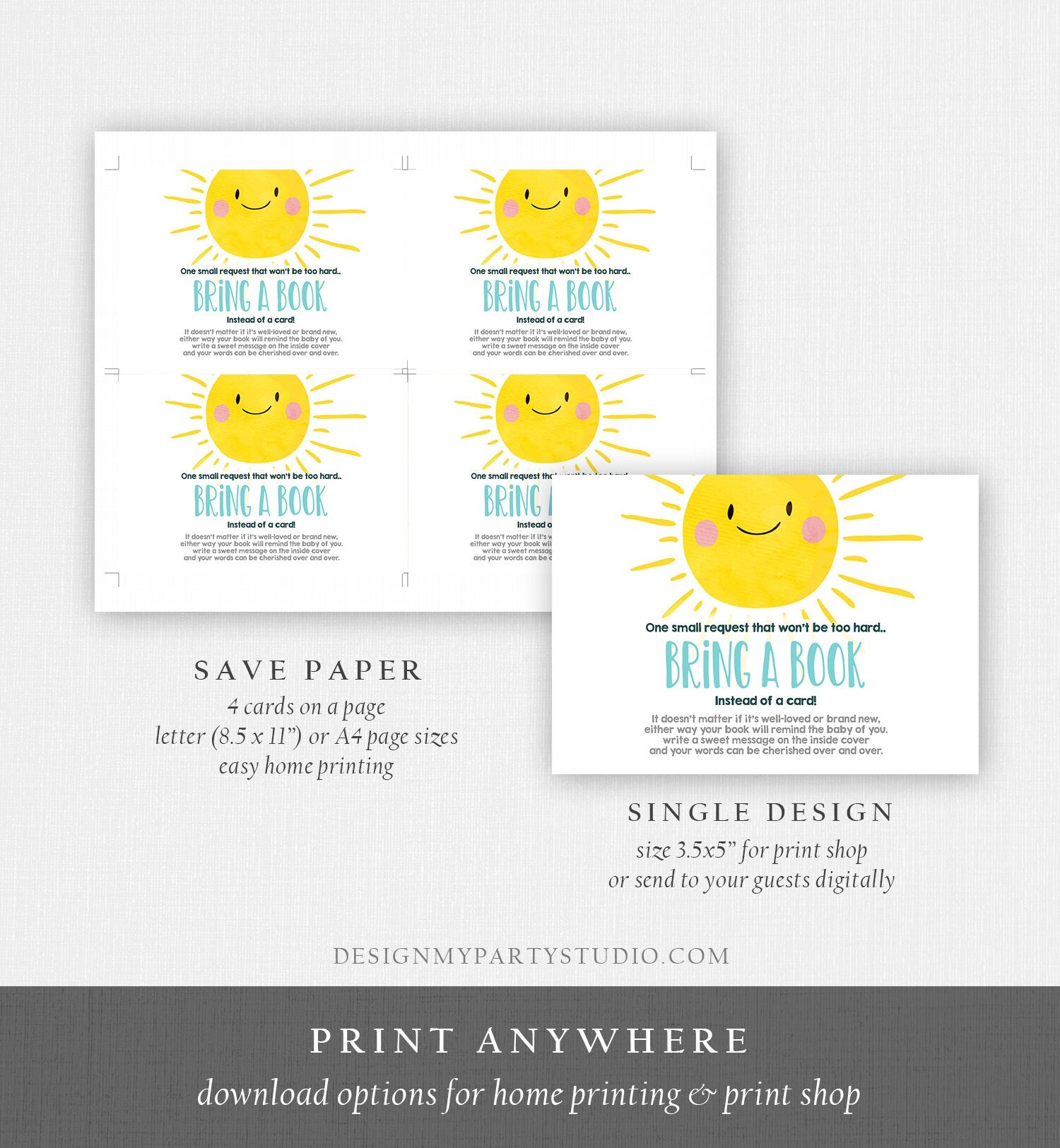 Editable Baby Shower Bring a Book Card A Ray Of Sunshine Little Sunshine Blue Books for Baby Book Request Template Corjl Printable 0141