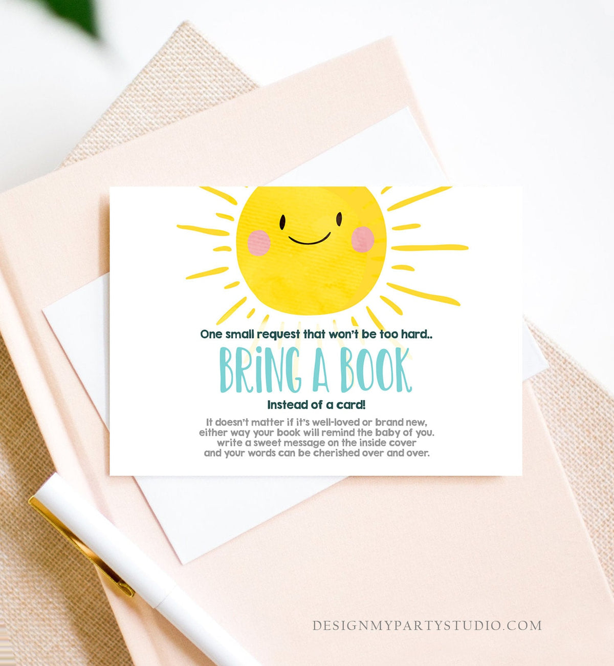 Editable Baby Shower Bring a Book Card A Ray Of Sunshine Little Sunshine Blue Books for Baby Book Request Template Corjl Printable 0141