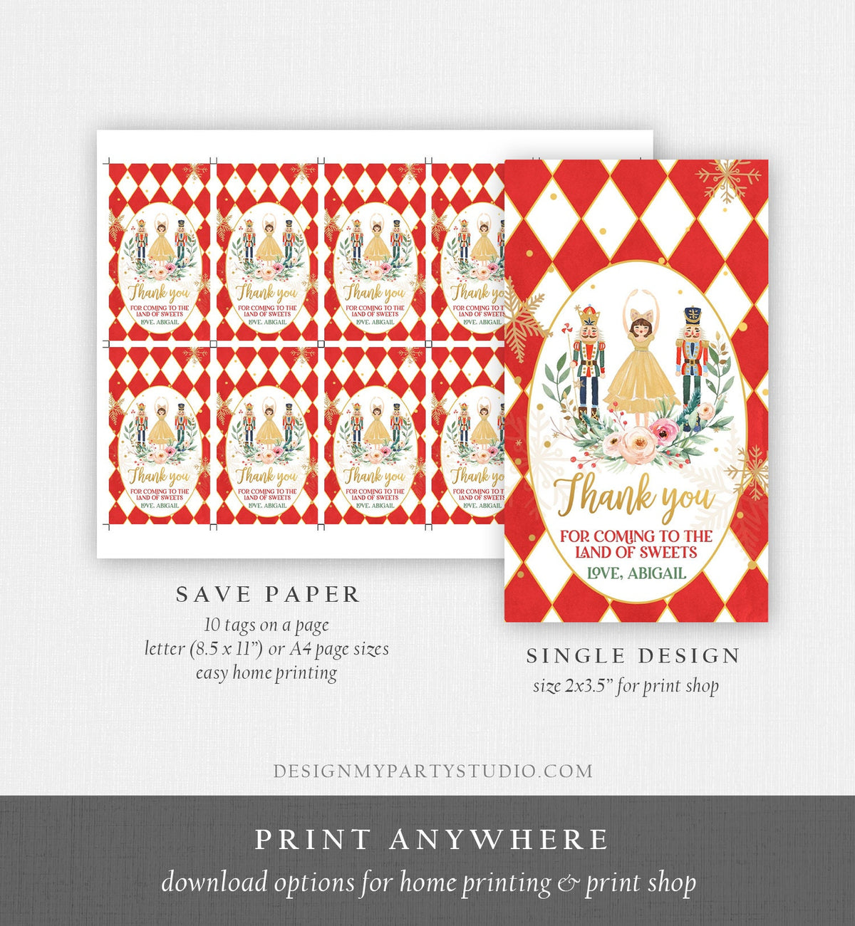 Editable Nutcracker Favor Tag Nutcracker Birthday Land of Sweets Thank You Tag Sugar Plum Fairy Merry Christmas Red Template Printable 0352