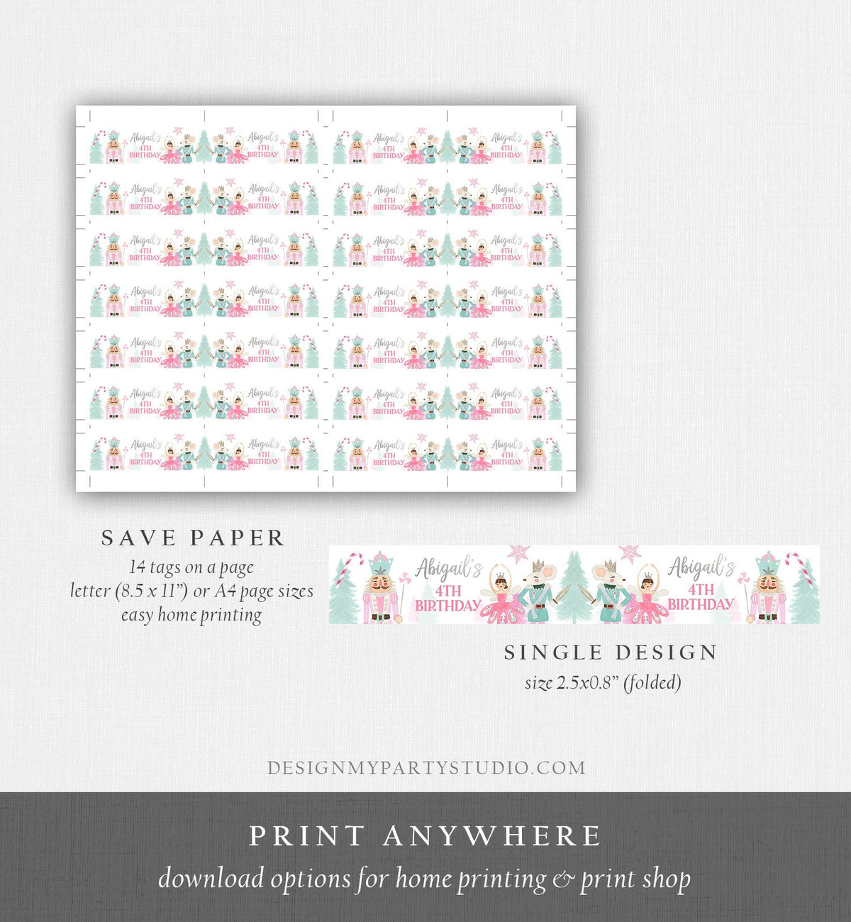 Editable Nutcracker Straw Tag Nutcracker Birthday Land of Sweets Mini Flag Sugar Plum Fairy Christmas Decor Winter Template Printable 0352