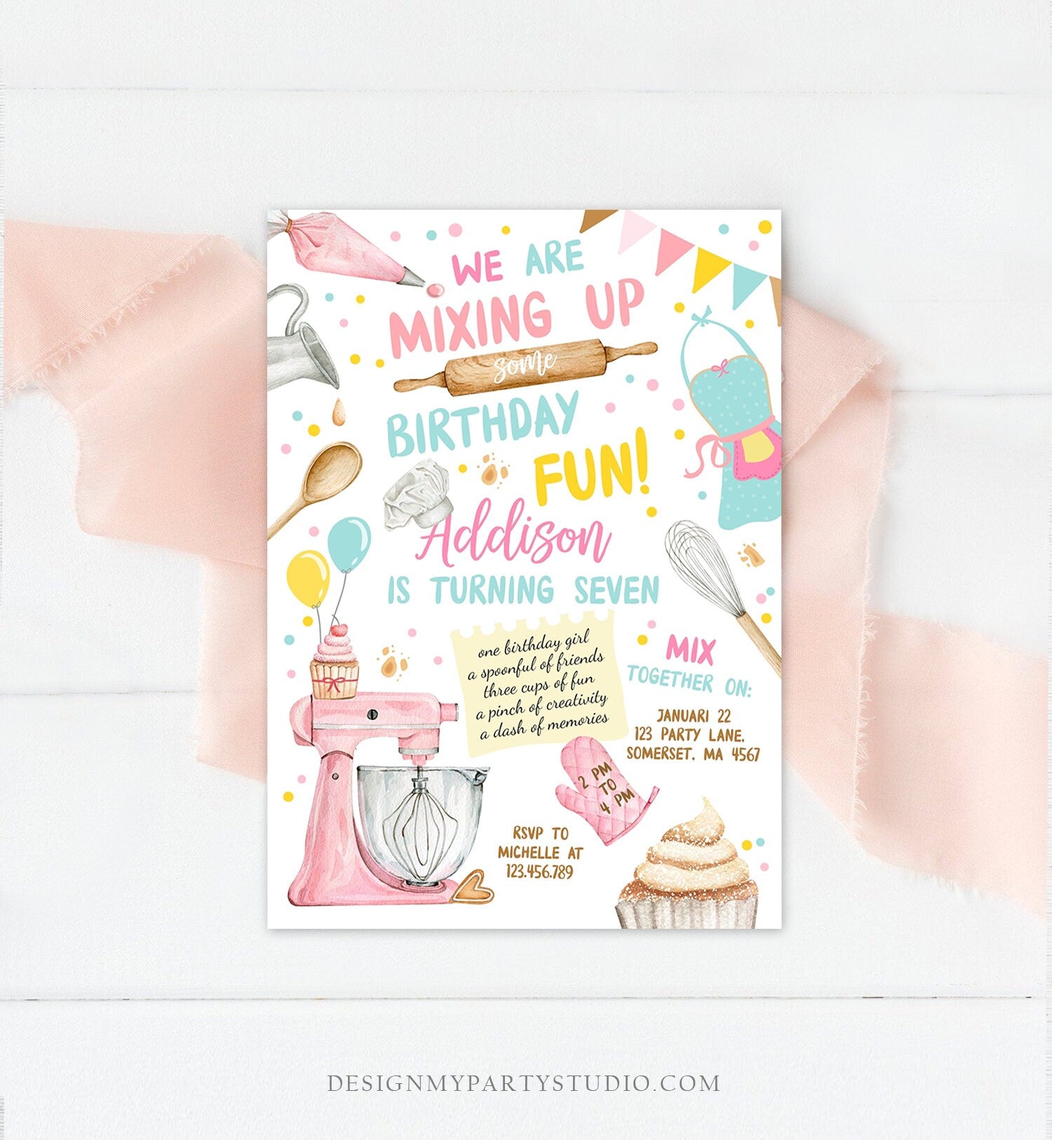 Editable Baking Birthday Party Invitation Kids Cooking Birthday Girl Chef Party Kitchen Cupcakes Pink Download Printable Corjl Template 0364