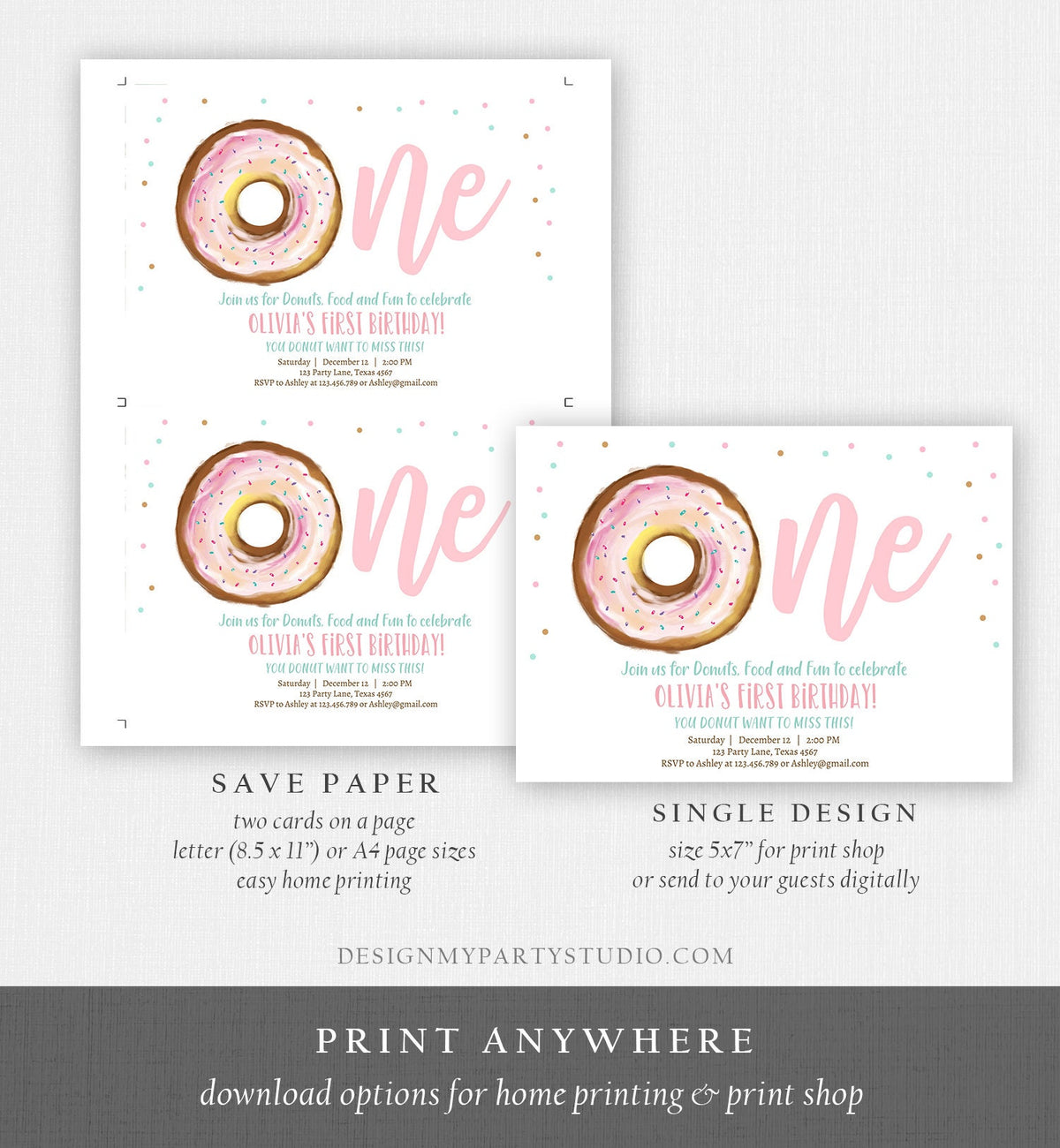 Editable Donut 1st Birthday Invitation First Birthday Invite Pink Donut Girl Doughnut Sweet Digital Download Evite Template Printable D0368