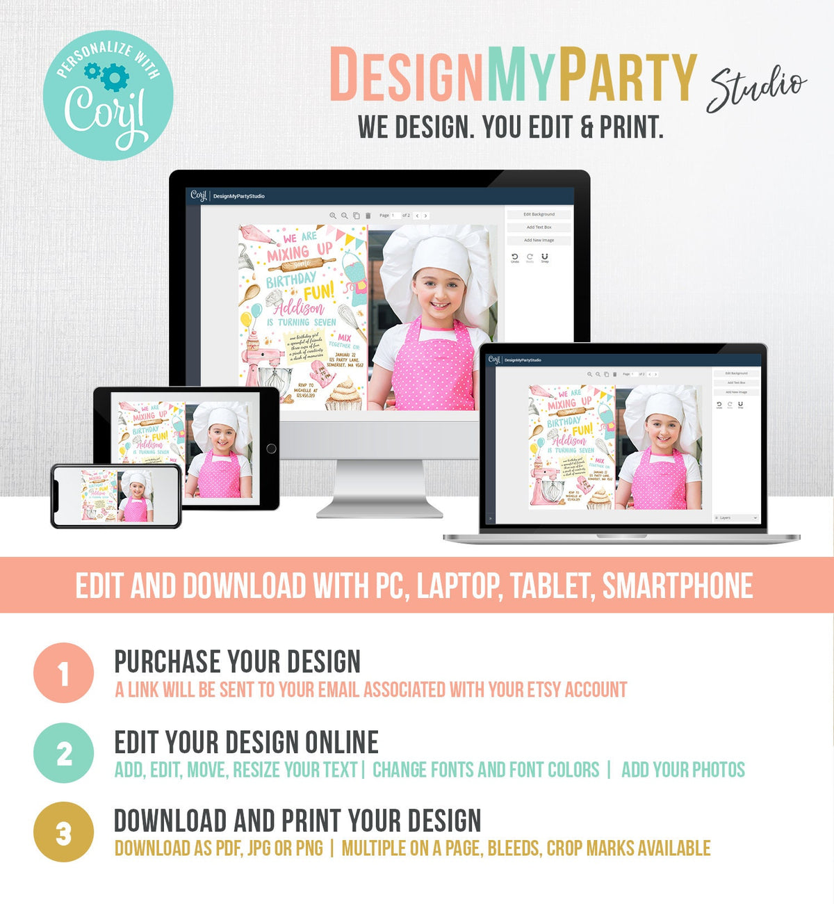 Editable Baking Birthday Party Invitation Kids Cooking Birthday Girl Chef Party Kitchen Cupcakes Pink Digital Template Printable 0364