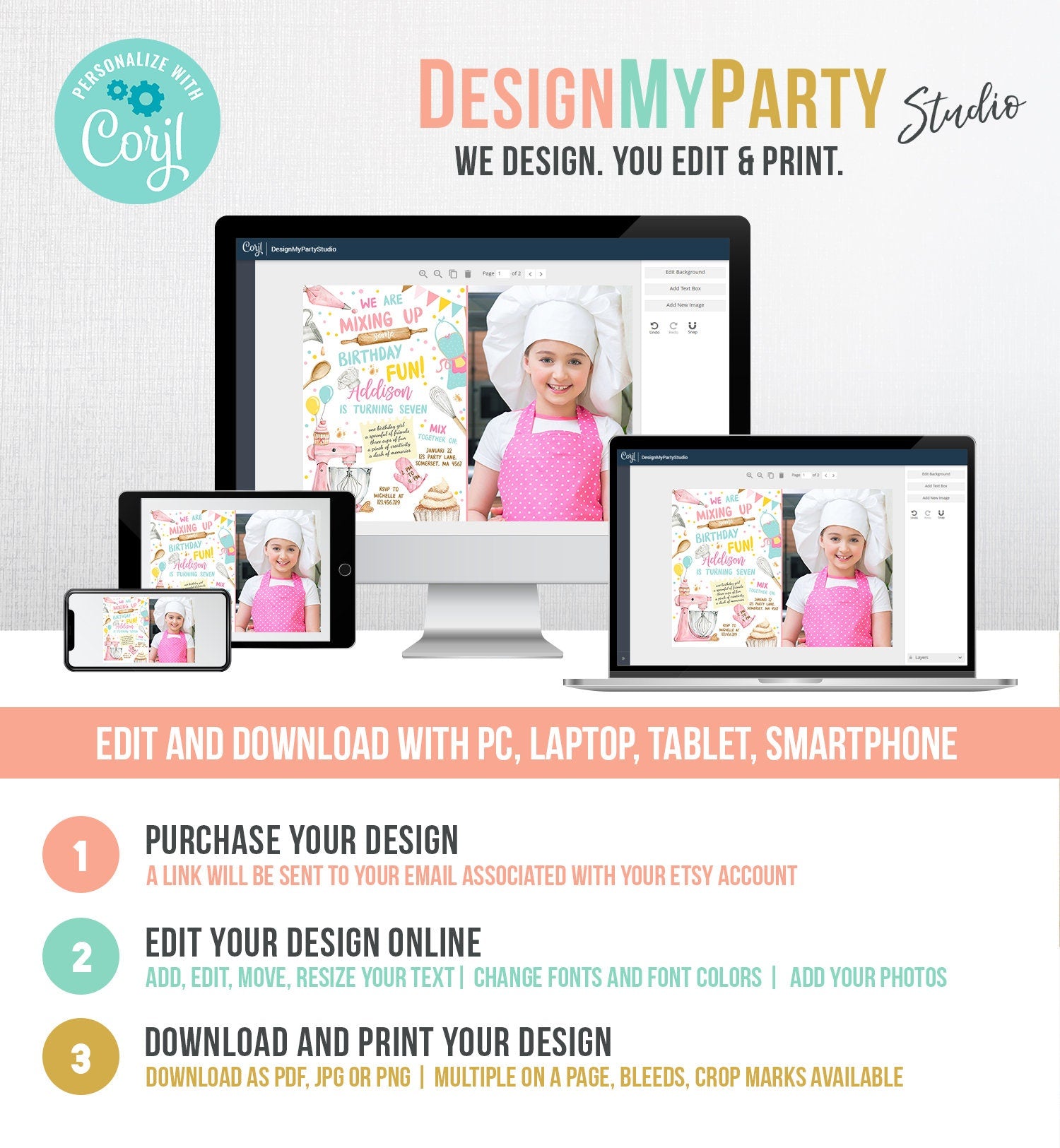 Editable Baking Birthday Party Invitation Kids Cooking Birthday Girl Chef Party Kitchen Cupcakes Pink Digital Template Printable 0364