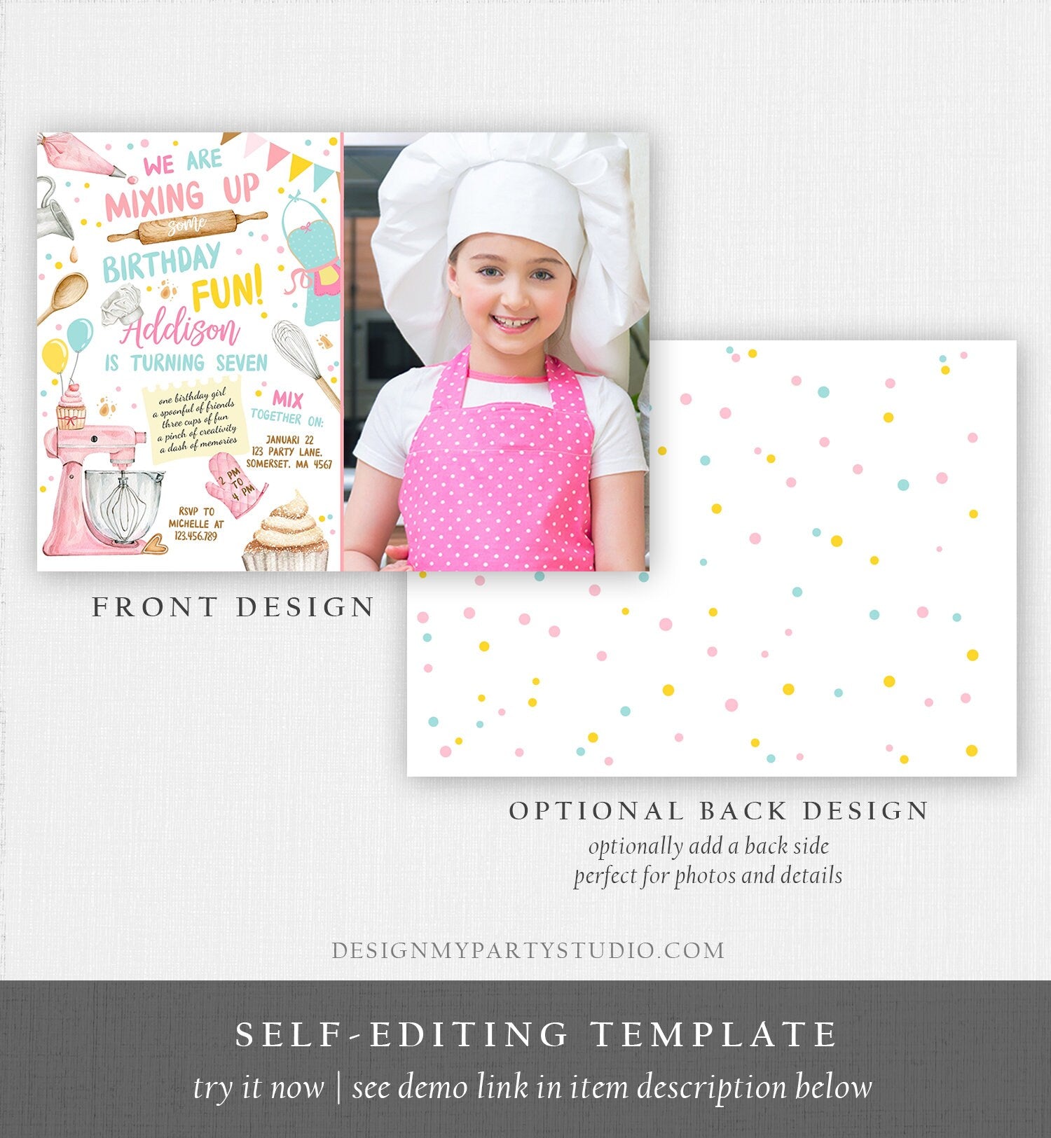 Editable Baking Birthday Party Invitation Kids Cooking Birthday Girl Chef Party Kitchen Cupcakes Pink Digital Template Printable 0364