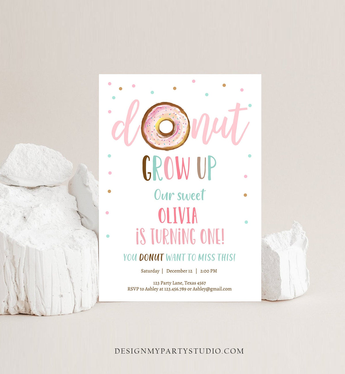 Editable Donut Grow Up Birthday Invitation First Birthday Party Pink Girl Doughnut Sweet Digital Download Evite Template Printable 0368