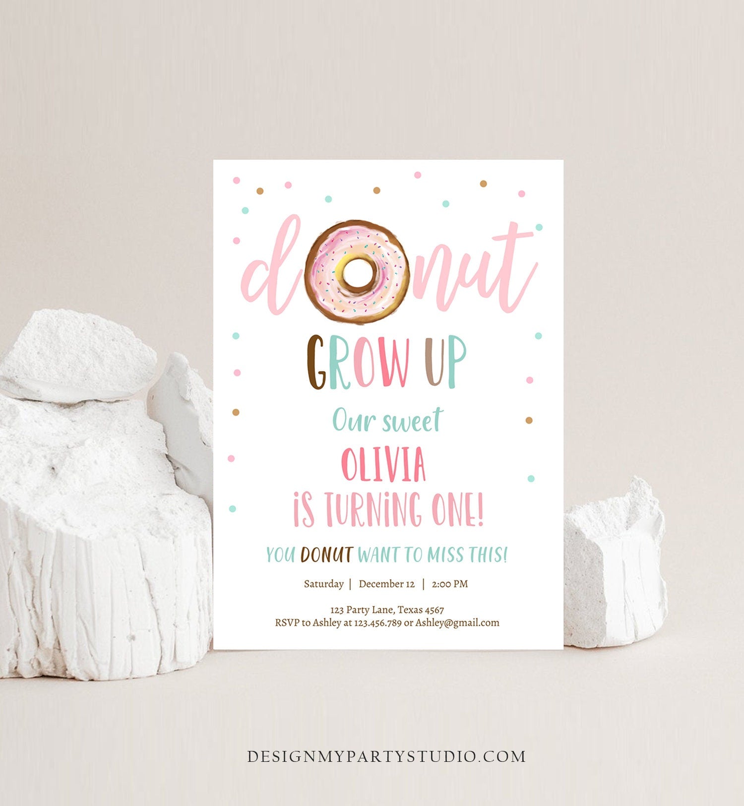 Editable Donut Grow Up Birthday Invitation First Birthday Party Pink Girl Doughnut Sweet Digital Download Evite Template Printable 0368