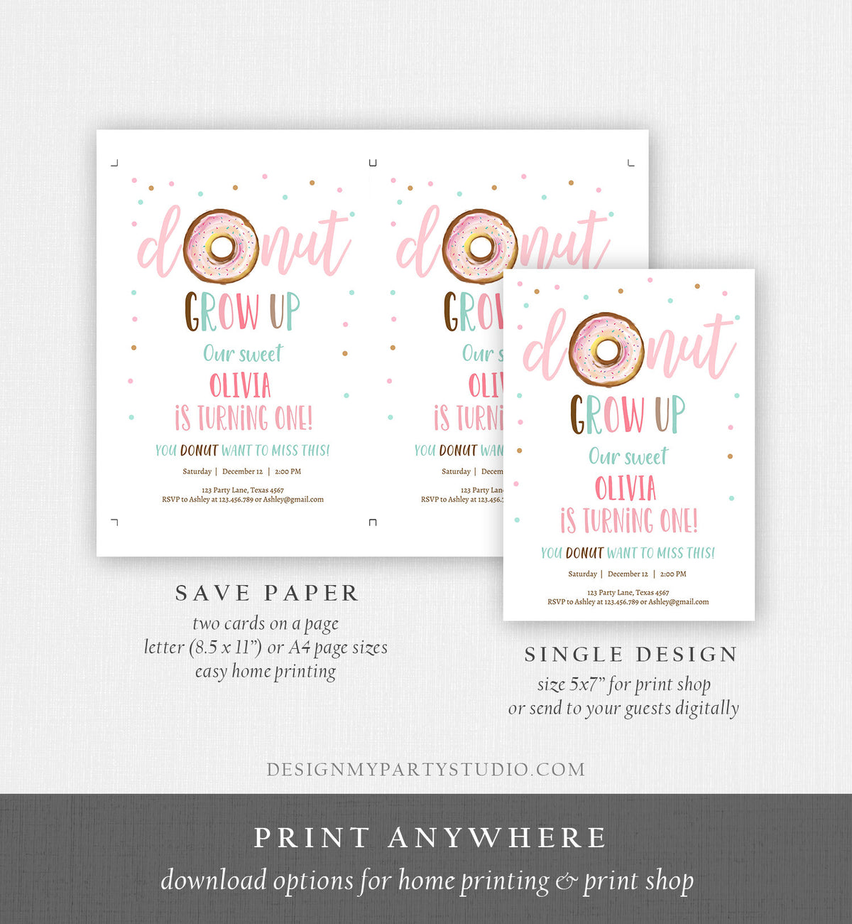 Editable Donut Grow Up Birthday Invitation First Birthday Party Pink Girl Doughnut Sweet Digital Download Evite Template Printable 0368