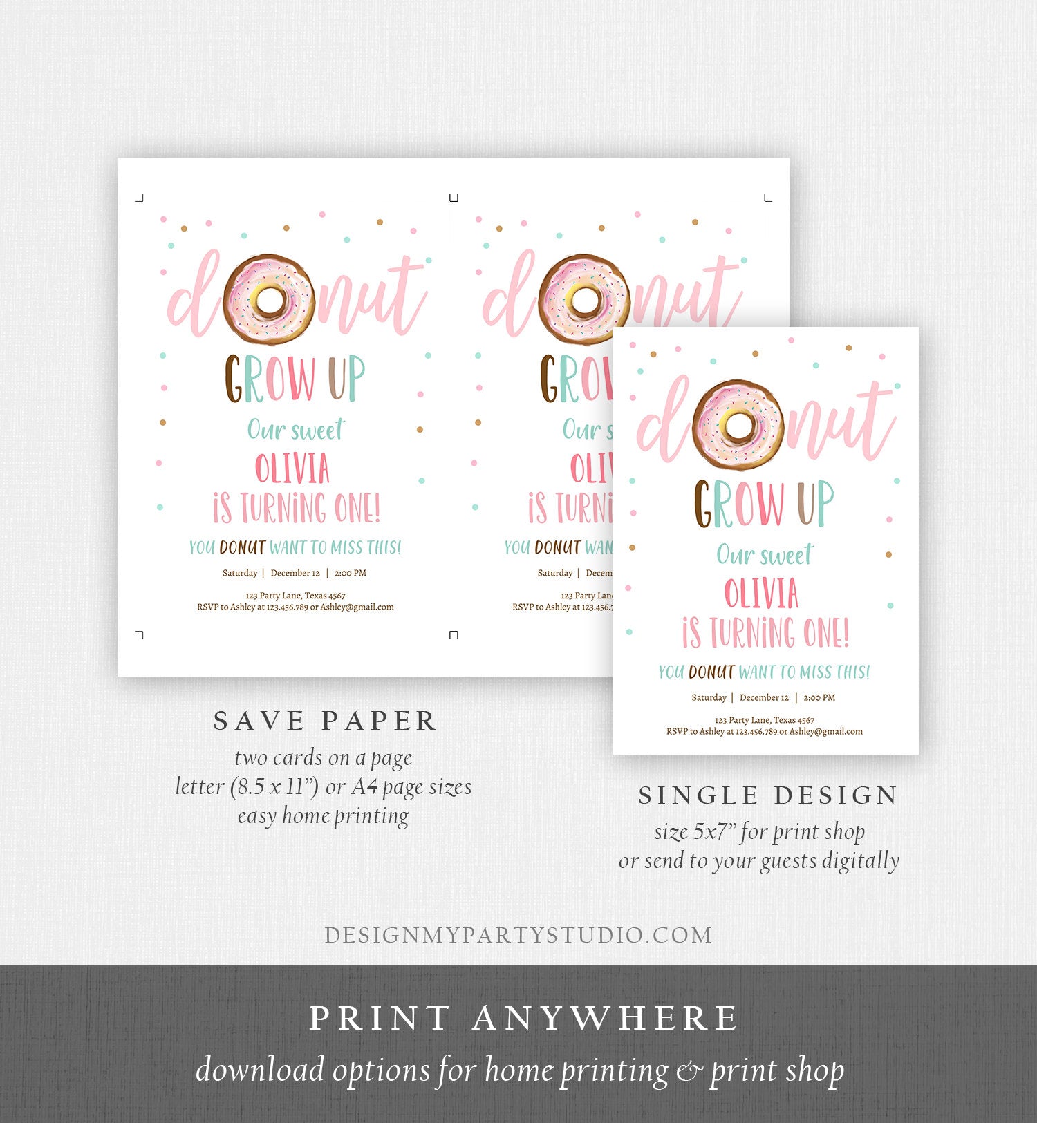 Editable Donut Grow Up Birthday Invitation First Birthday Party Pink Girl Doughnut Sweet Digital Download Evite Template Printable 0368