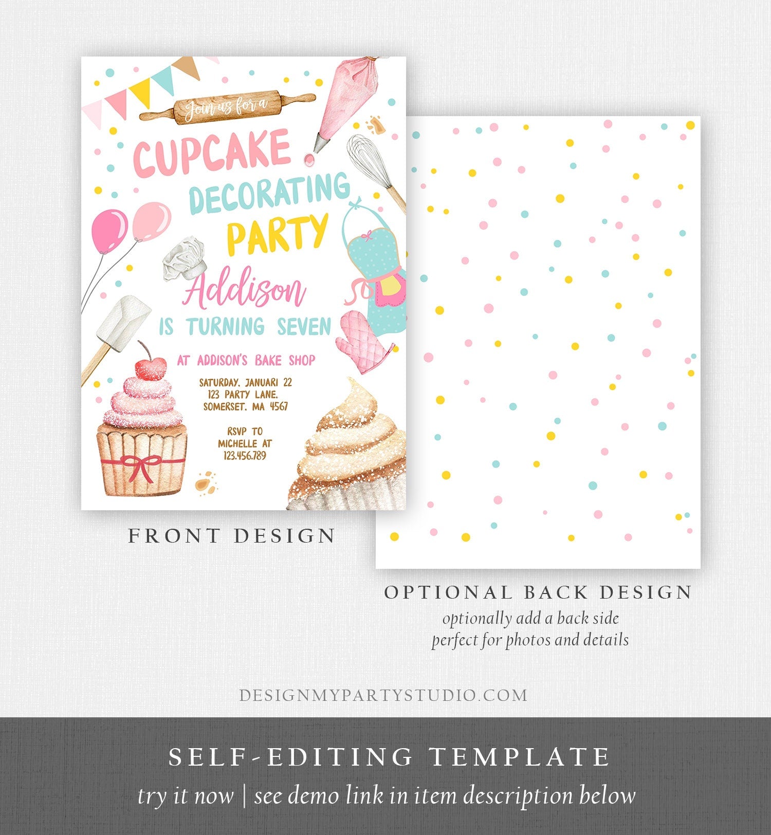 Editable Cupcake Decorating Party Invitation Kids Cooking Birthday Cupcake Invite Girl Chef Party Download Printable Corjl Template 0364