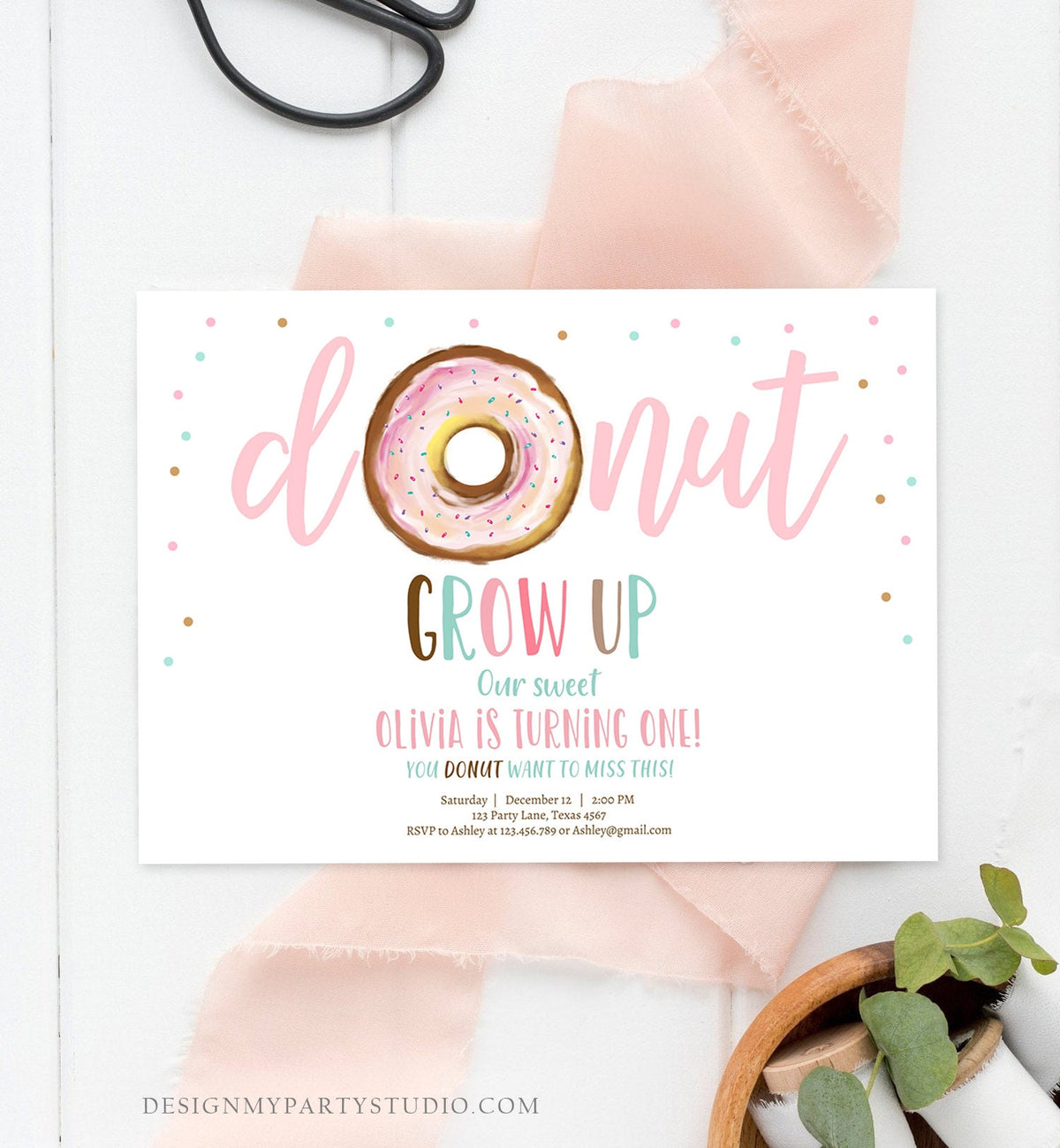 Editable Donut Grow Up Birthday Invitation First Birthday Party Pink Girl Doughnut Sweet Digital Digital Download Template Printable 0368