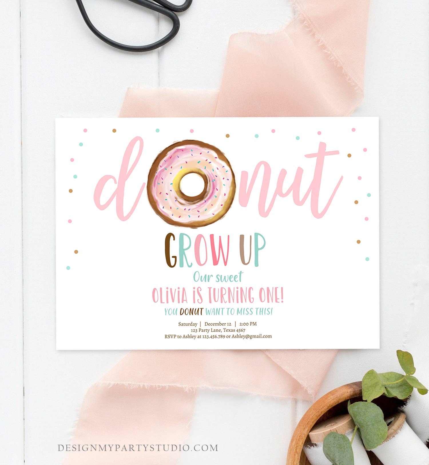 Editable Donut Grow Up Birthday Invitation First Birthday Party Pink Girl Doughnut Sweet Digital Digital Download Template Printable 0368