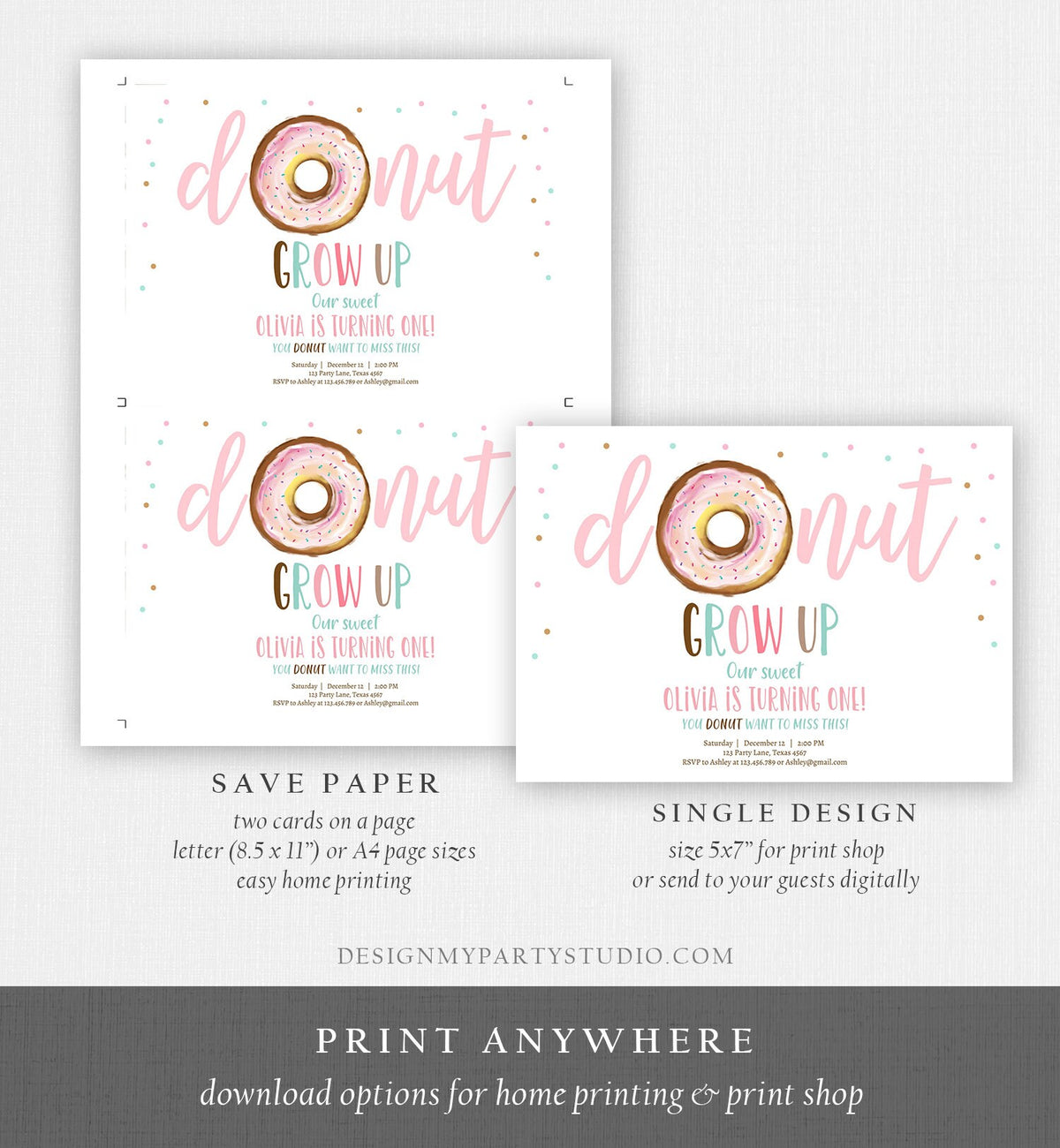 Editable Donut Grow Up Birthday Invitation First Birthday Party Pink Girl Doughnut Sweet Digital Digital Download Template Printable 0368