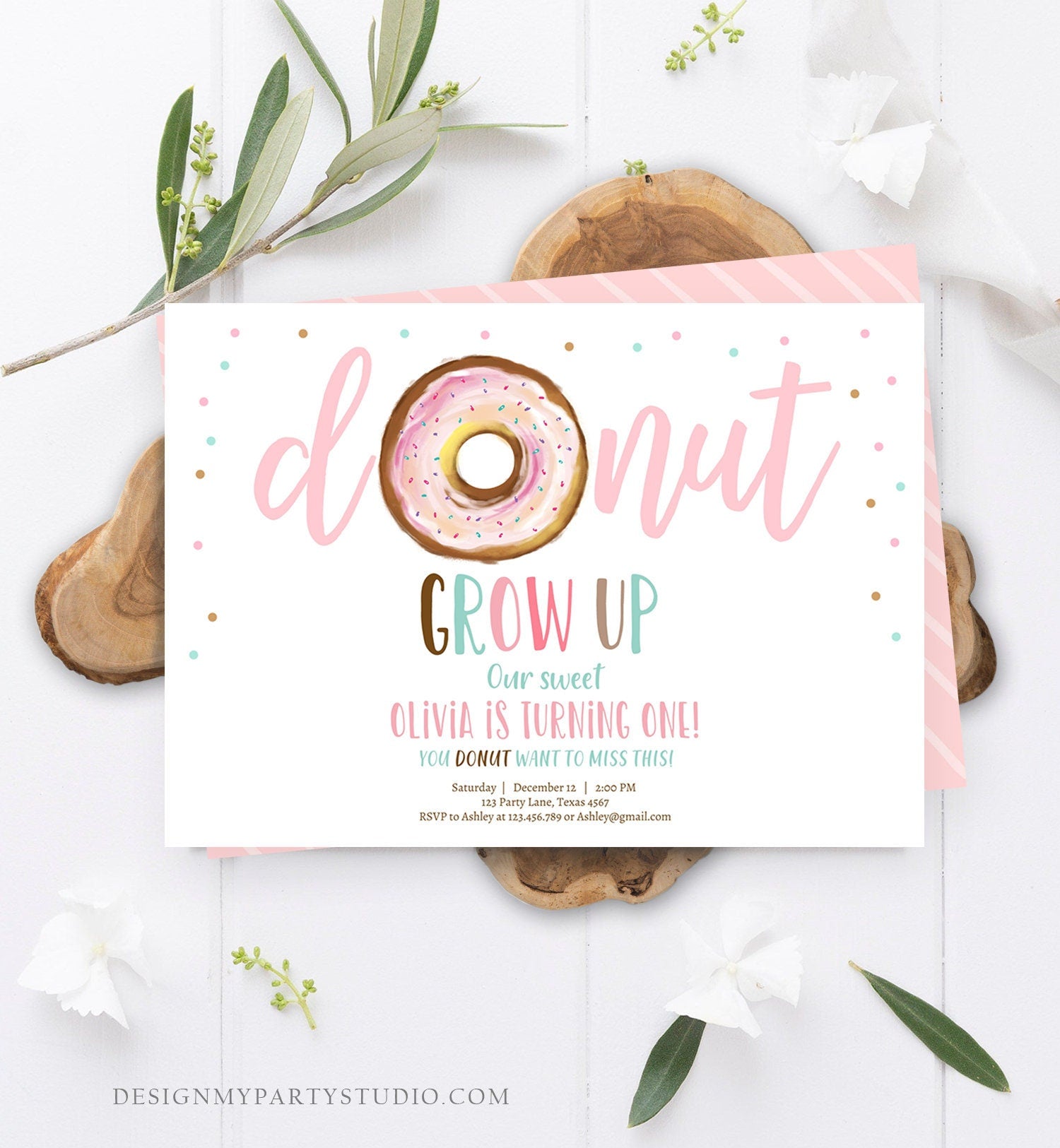 Editable Donut Grow Up Birthday Invitation First Birthday Party Pink Girl Doughnut Sweet Digital Digital Download Template Printable 0368