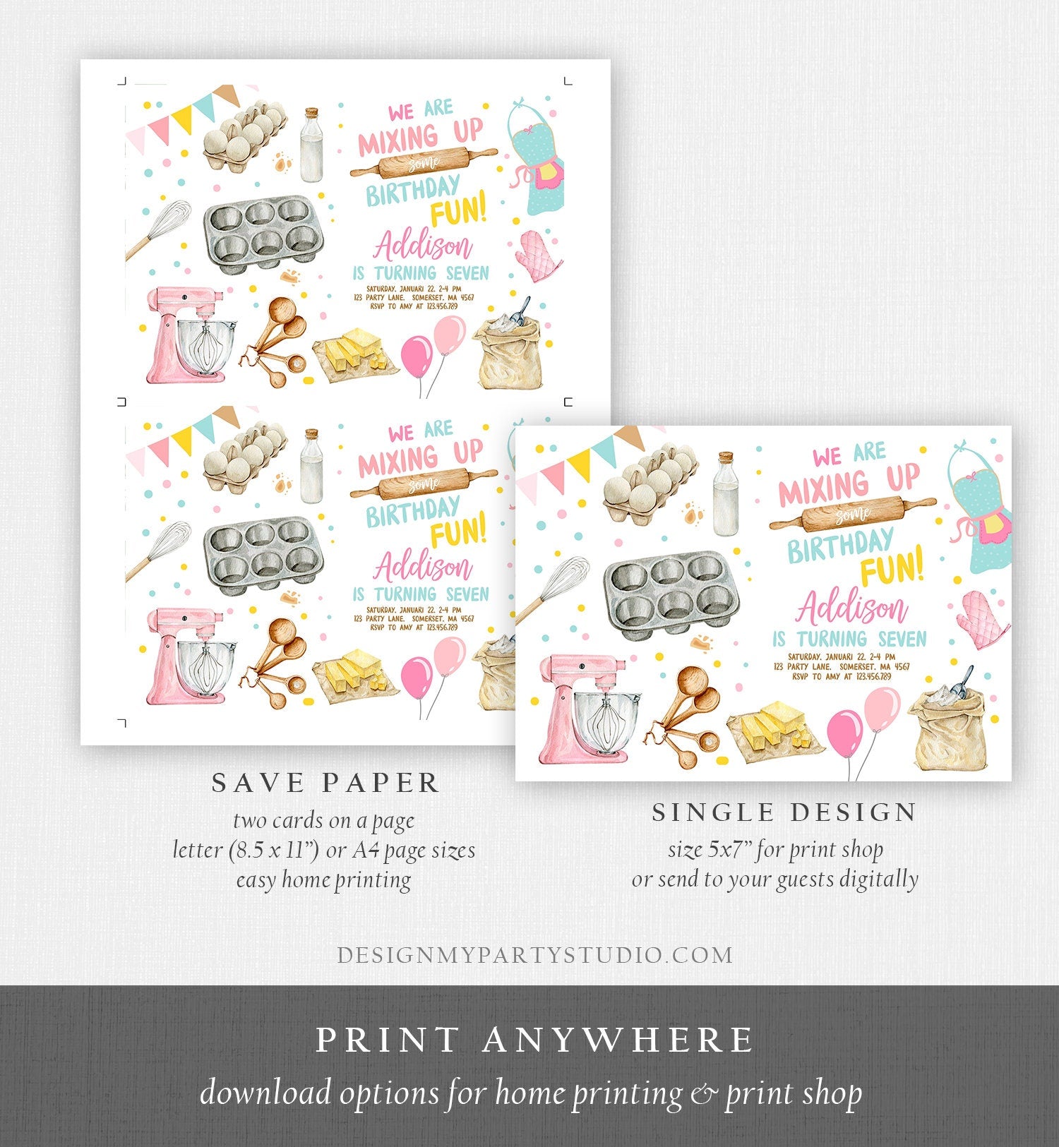 Editable Baking Birthday Party Invitation Kids Cooking Birthday Girl Chef Party Kitchen Pink Digital Download Template Printable 0364