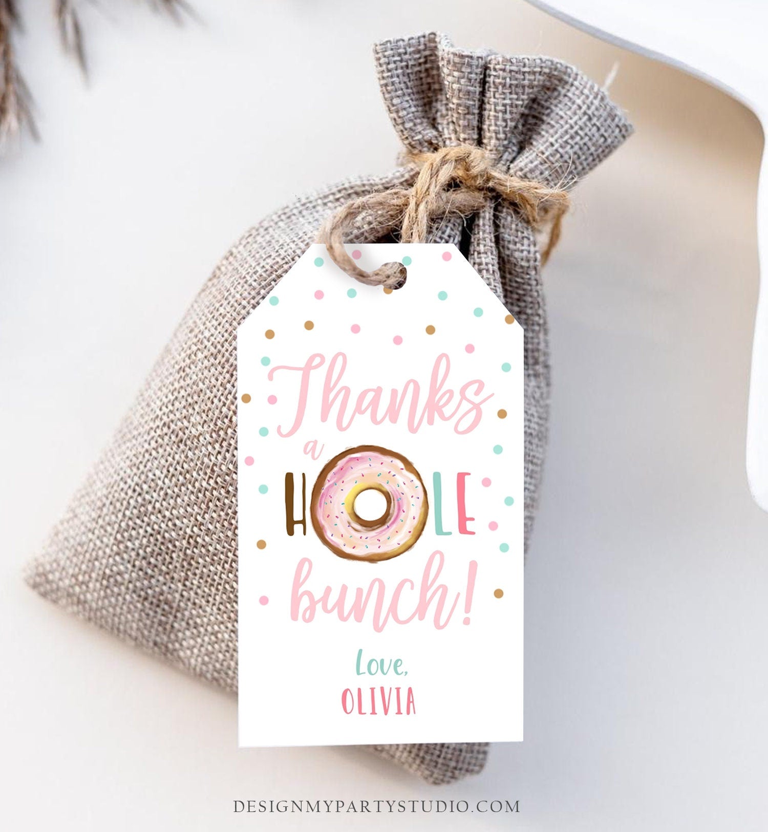 Editable Donut Favor Tags Tags Donut Birthday Donut Thank you tags A hole bunch Birthday Girl Pink Donut tags Template PRINTABLE Corjl 0368
