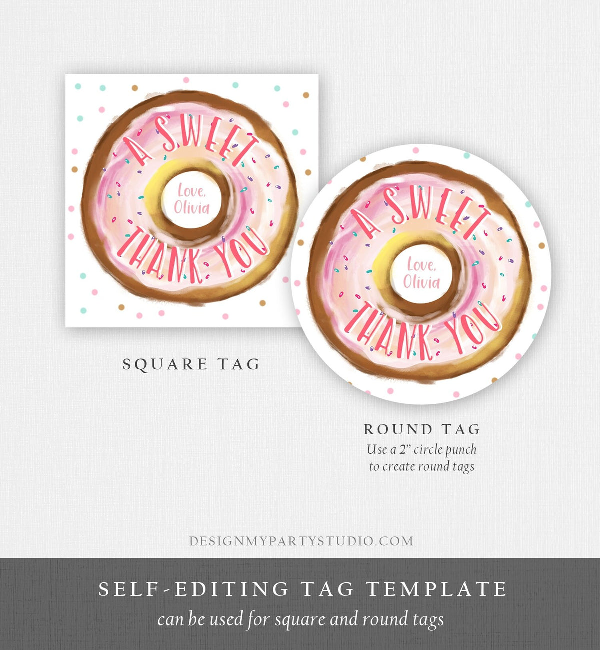 Editable Donut Favor Tags Donut Birthday A Sweet Thank You Donut Tag Stickers Girl Pink Donut Two Sweet Stickers Round Template Digital 0368