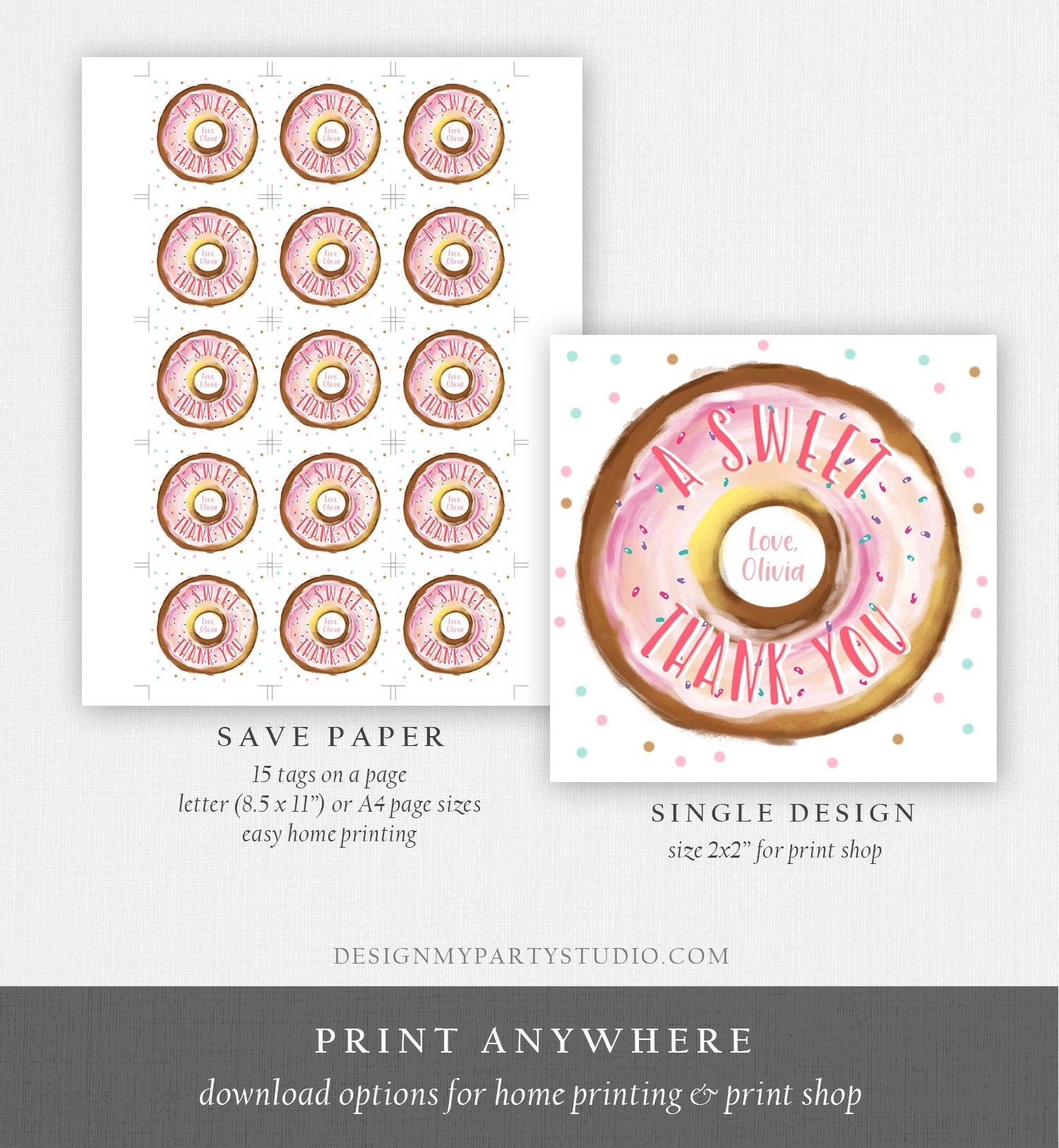 Editable Donut Favor Tags Donut Birthday A Sweet Thank You Donut Tag Stickers Girl Pink Donut Two Sweet Stickers Round Template Digital 0368