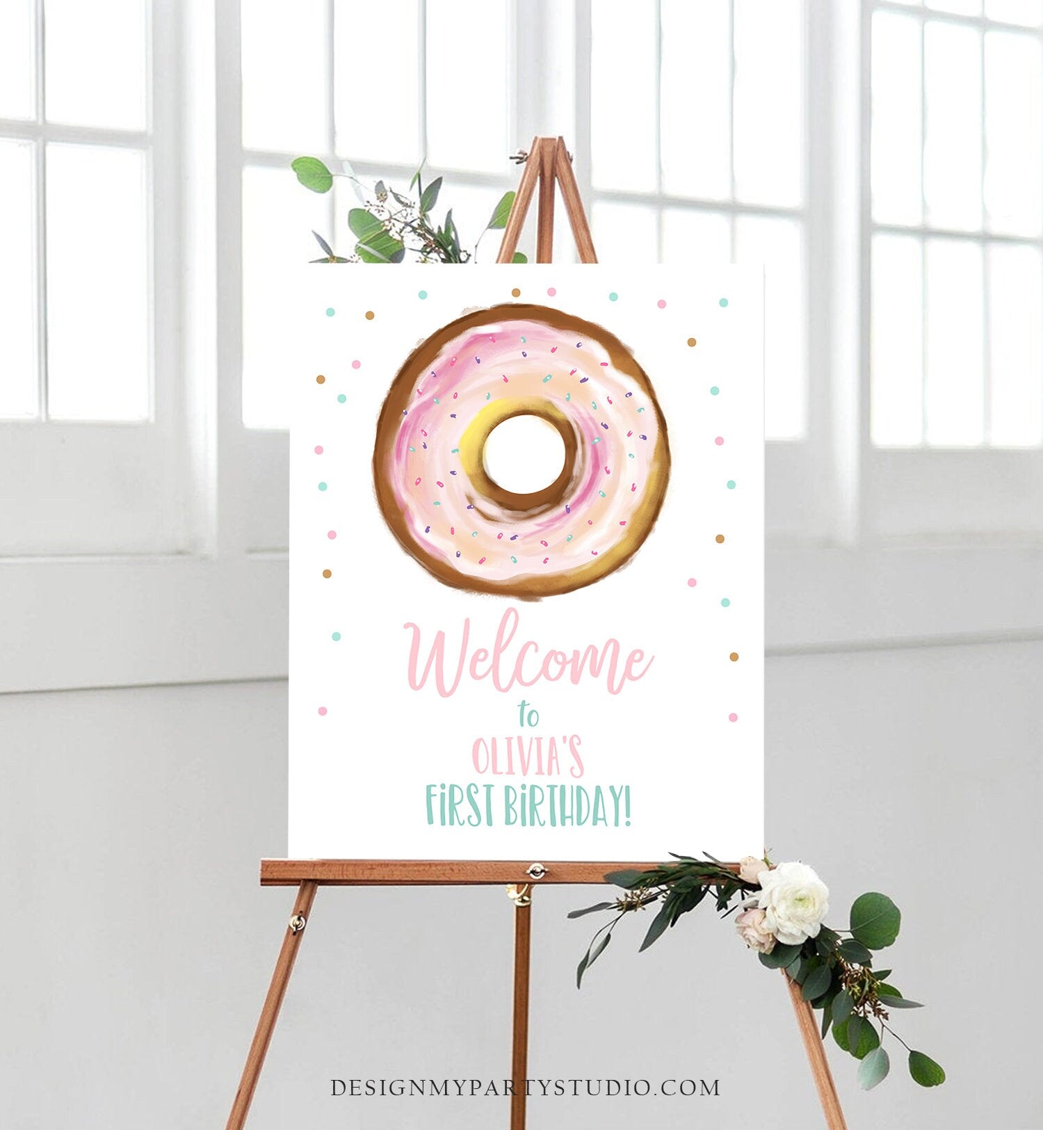 Editable Donut Welcome Sign Donut Birthday Party Pink Girl Doughnut Baby Shower Two Sweet Sprinkle Download Corjl Template Printable 0368