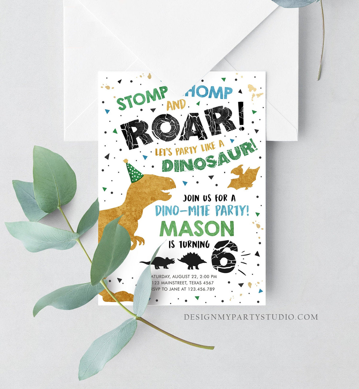 Editable Dinosaur Birthday Invitation ANY AGE Dino Dig Party Prehistoric Gold Green Blue Boy T-Rex Download Printable Template Corjl 0369
