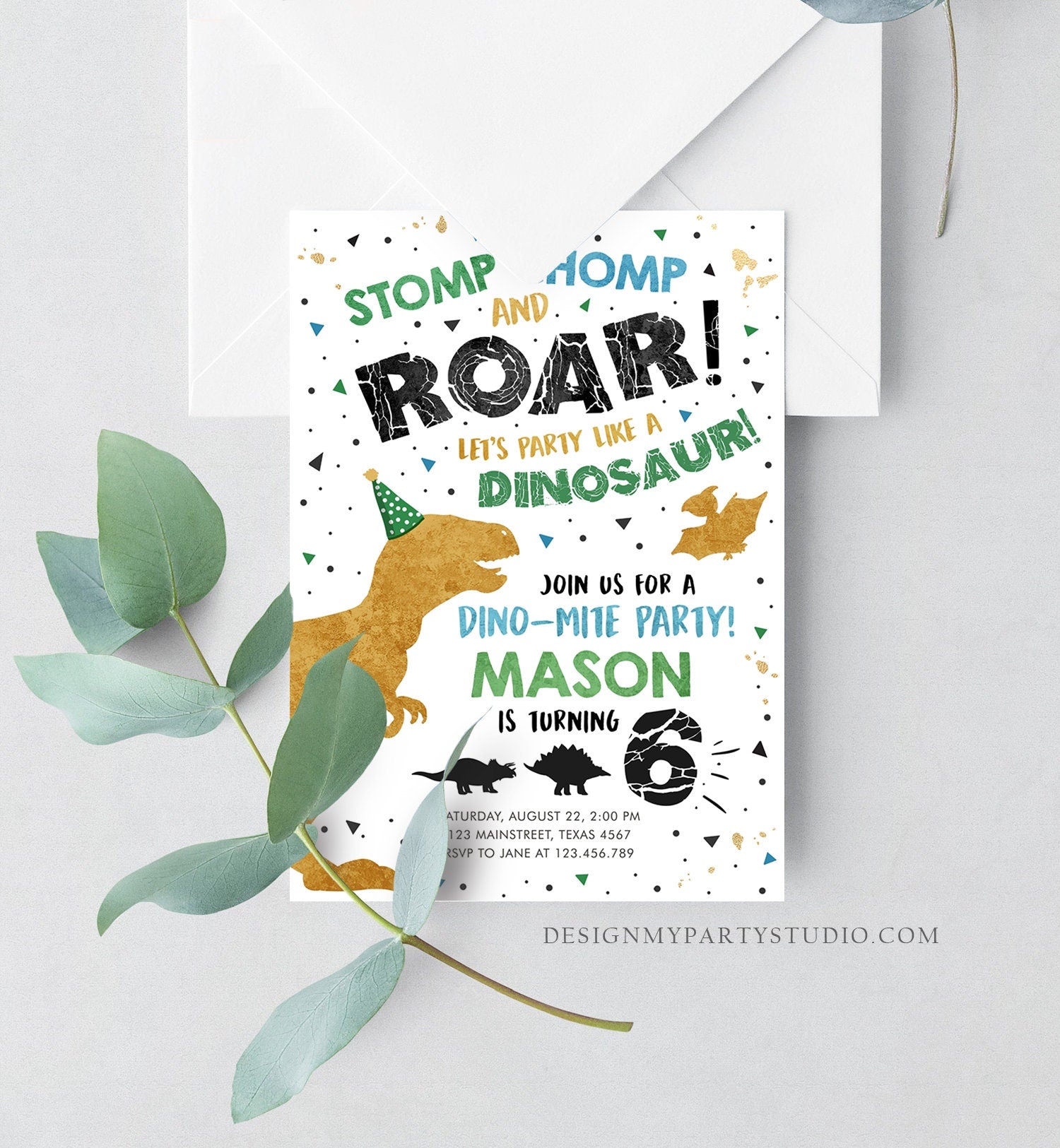 Editable Dinosaur Birthday Invitation ANY AGE Dino Dig Party Prehistoric Gold Green Blue Boy T-Rex Download Printable Template Corjl 0369