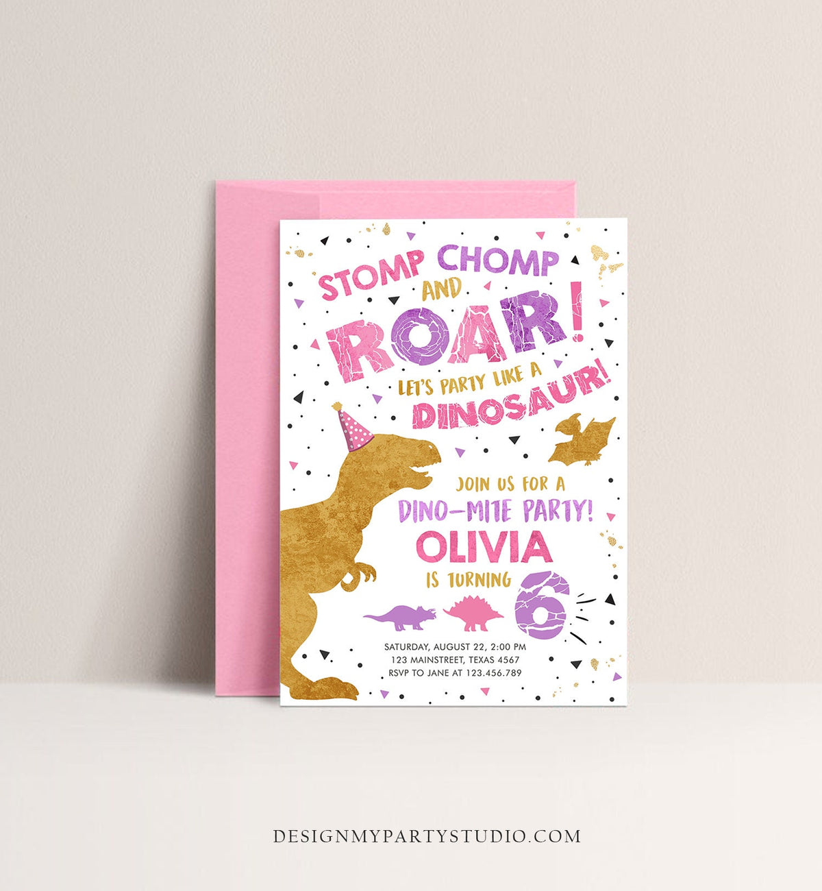 Editable Dinosaur Birthday Invitation Dino Dig Party Prehistoric Gold Pink Girl T-Rex Digital Download Evite Template Printable 0369