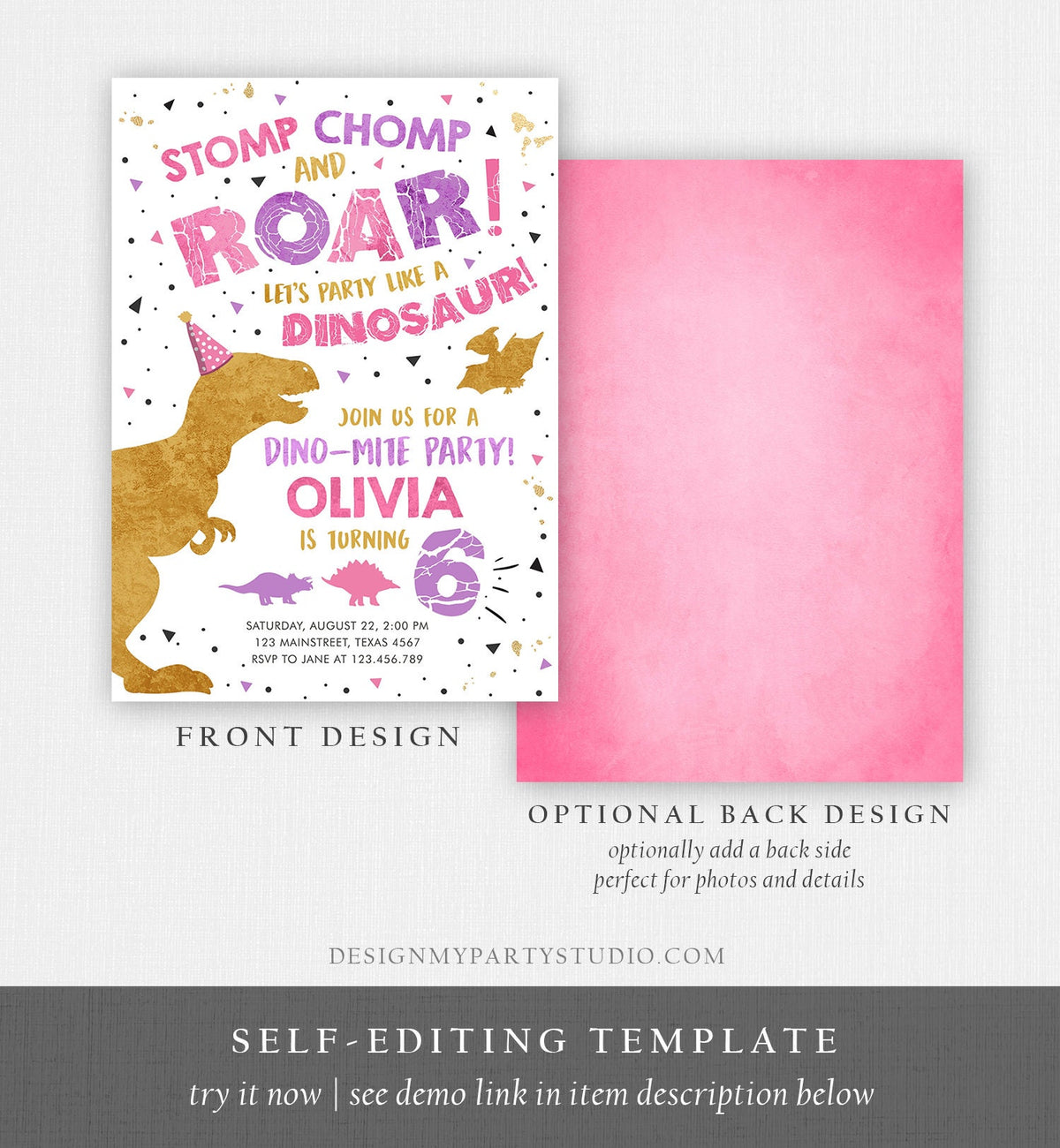 Editable Dinosaur Birthday Invitation Dino Dig Party Prehistoric Gold Pink Girl T-Rex Digital Download Evite Template Printable 0369