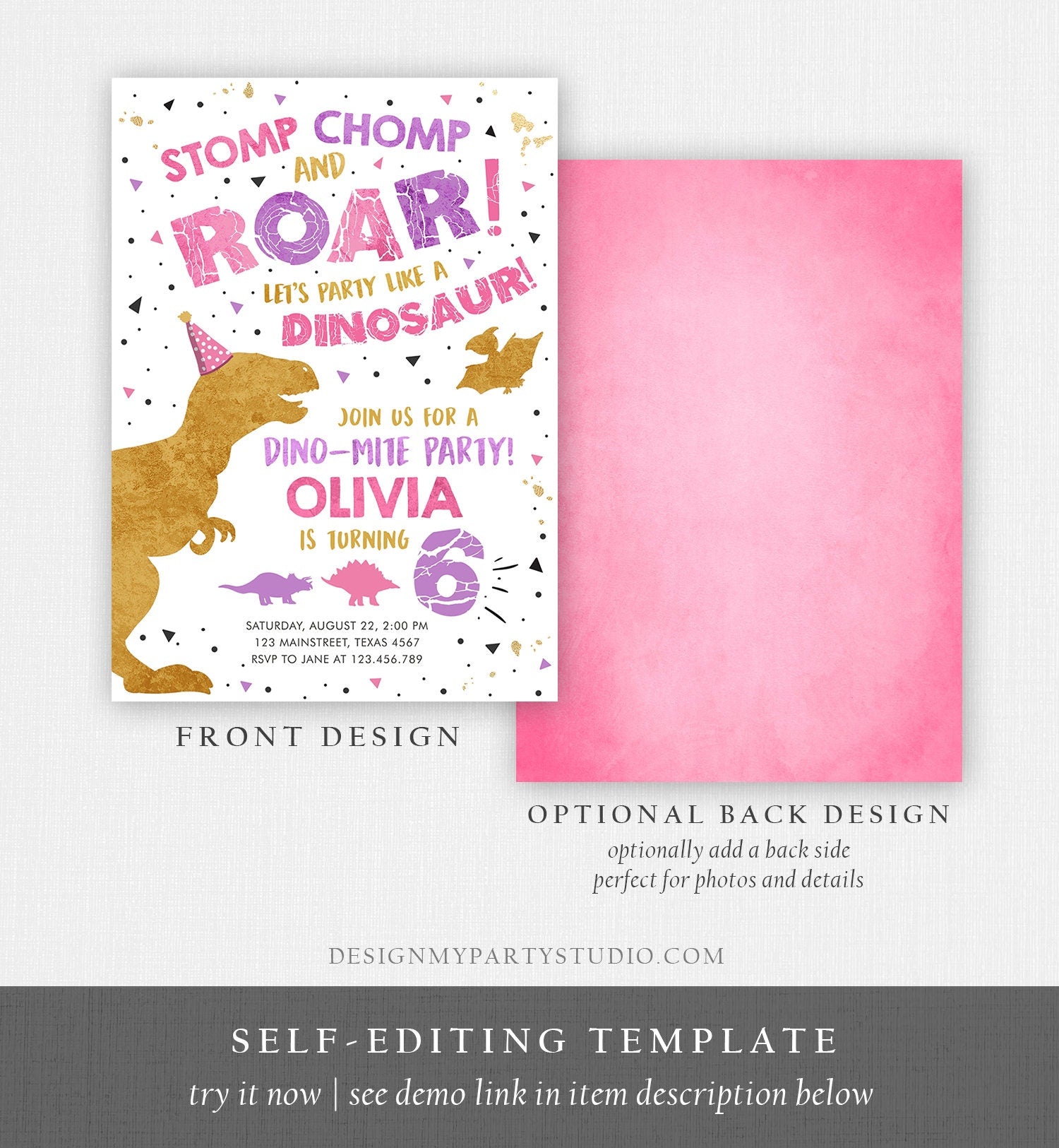 Editable Dinosaur Birthday Invitation Dino Dig Party Prehistoric Gold Pink Girl T-Rex Digital Download Evite Template Printable 0369