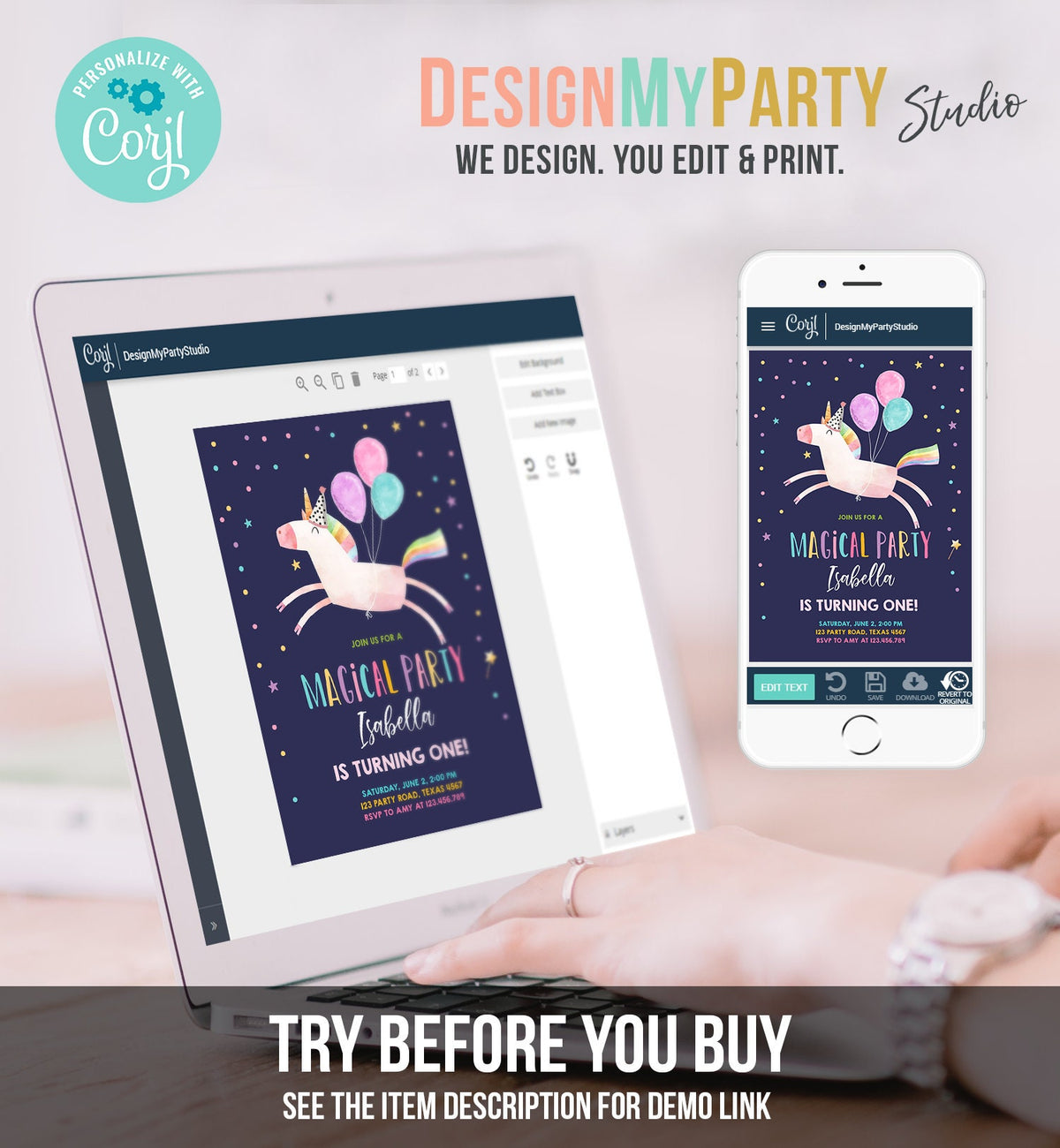 Editable Unicorn Birthday Invitation Magical Party Celebration Girl Pink Rainbow Balloons Digital Download Evite Template Printable 0336