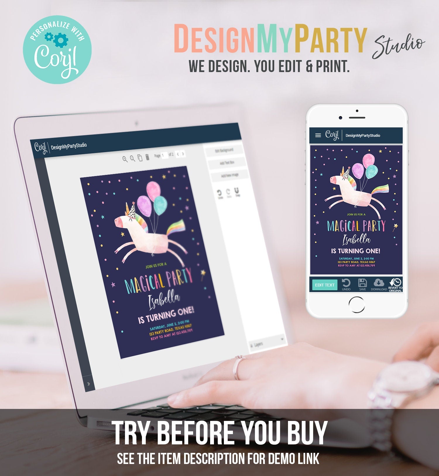 Editable Unicorn Birthday Invitation Magical Party Celebration Girl Pink Rainbow Balloons Digital Download Evite Template Printable 0336