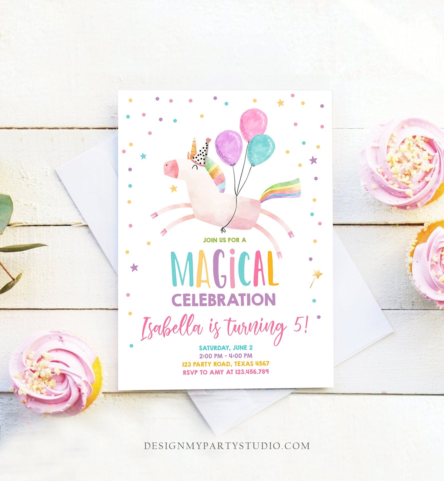 Editable Unicorn Birthday Invitation Magical Party Invite Girl Pink First Birthday Digital Invite Template Reainbow Download Corjl 0336