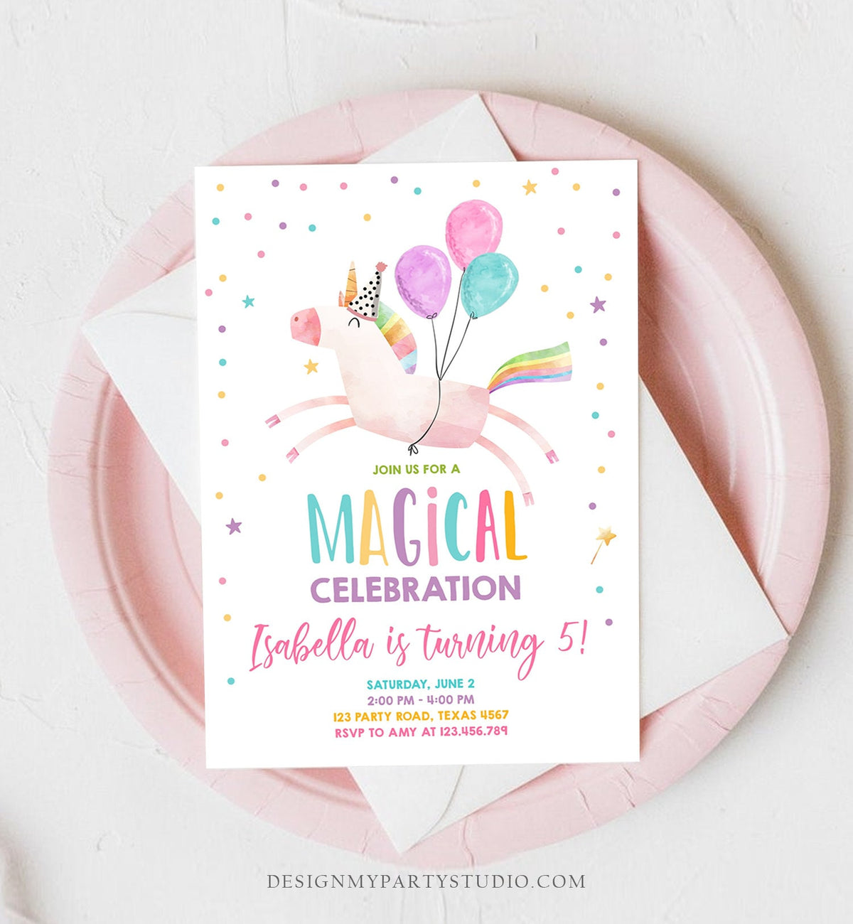 Editable Unicorn Birthday Invitation Magical Party Invite Girl Pink First Birthday Digital Invite Template Reainbow Download Corjl 0336