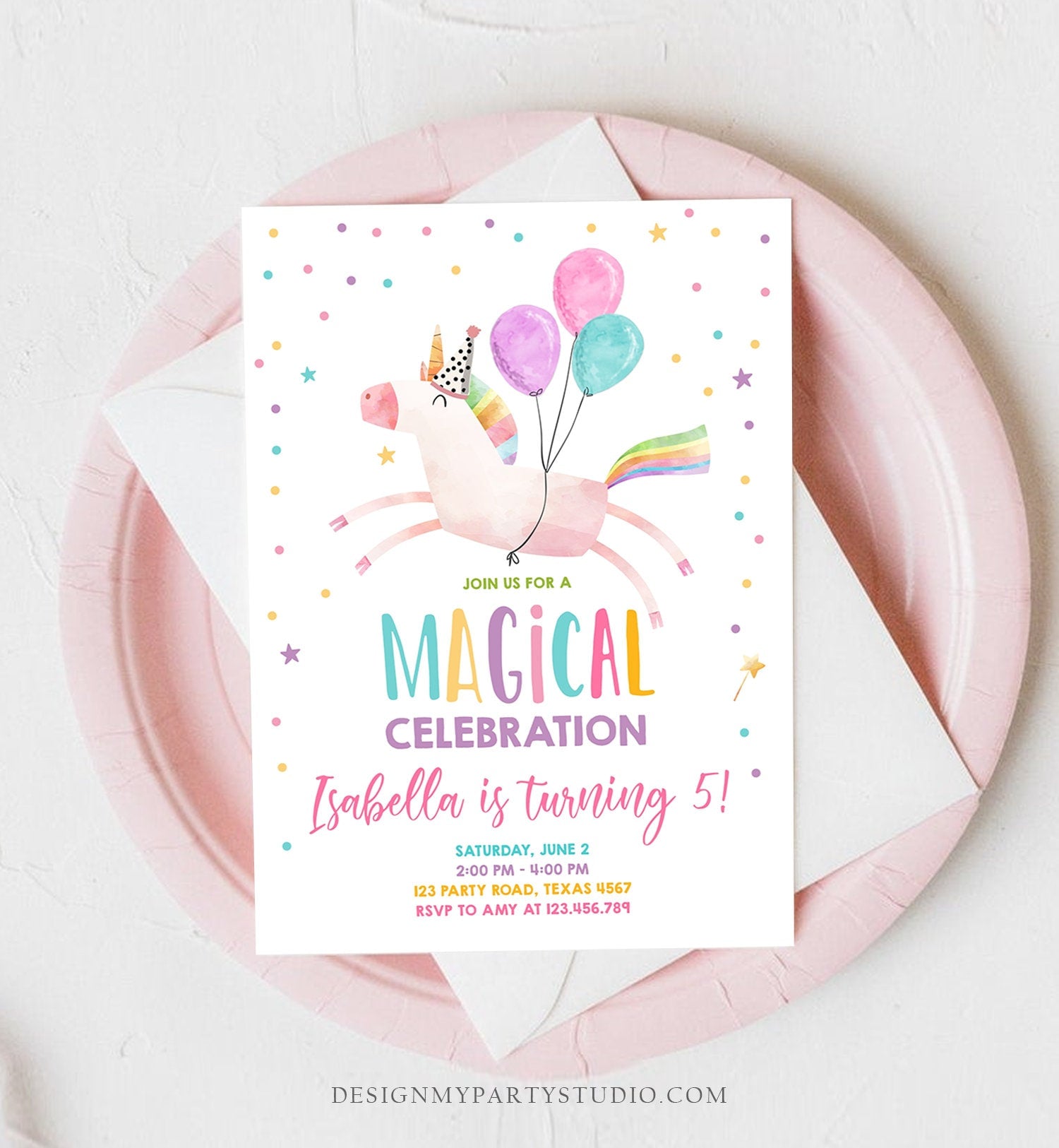 Editable Unicorn Birthday Invitation Magical Party Invite Girl Pink First Birthday Digital Invite Template Reainbow Download Corjl 0336
