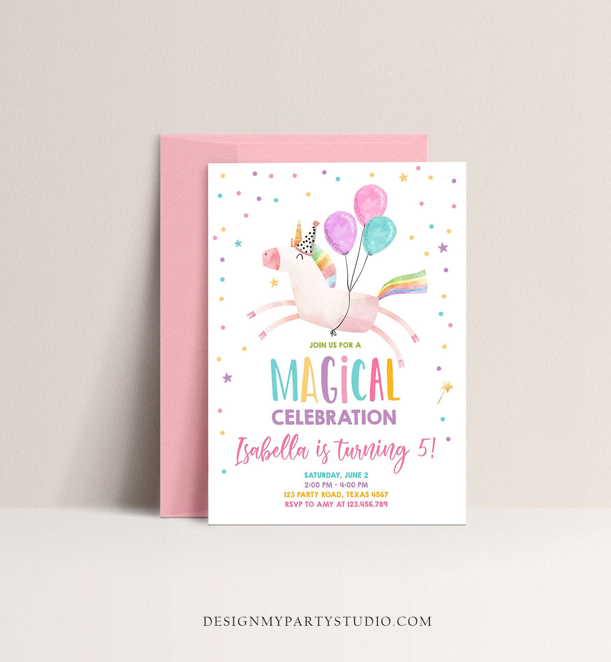 Editable Unicorn Birthday Invitation Magical Party Invite Girl Pink First Birthday Digital Invite Template Reainbow Download Corjl 0336