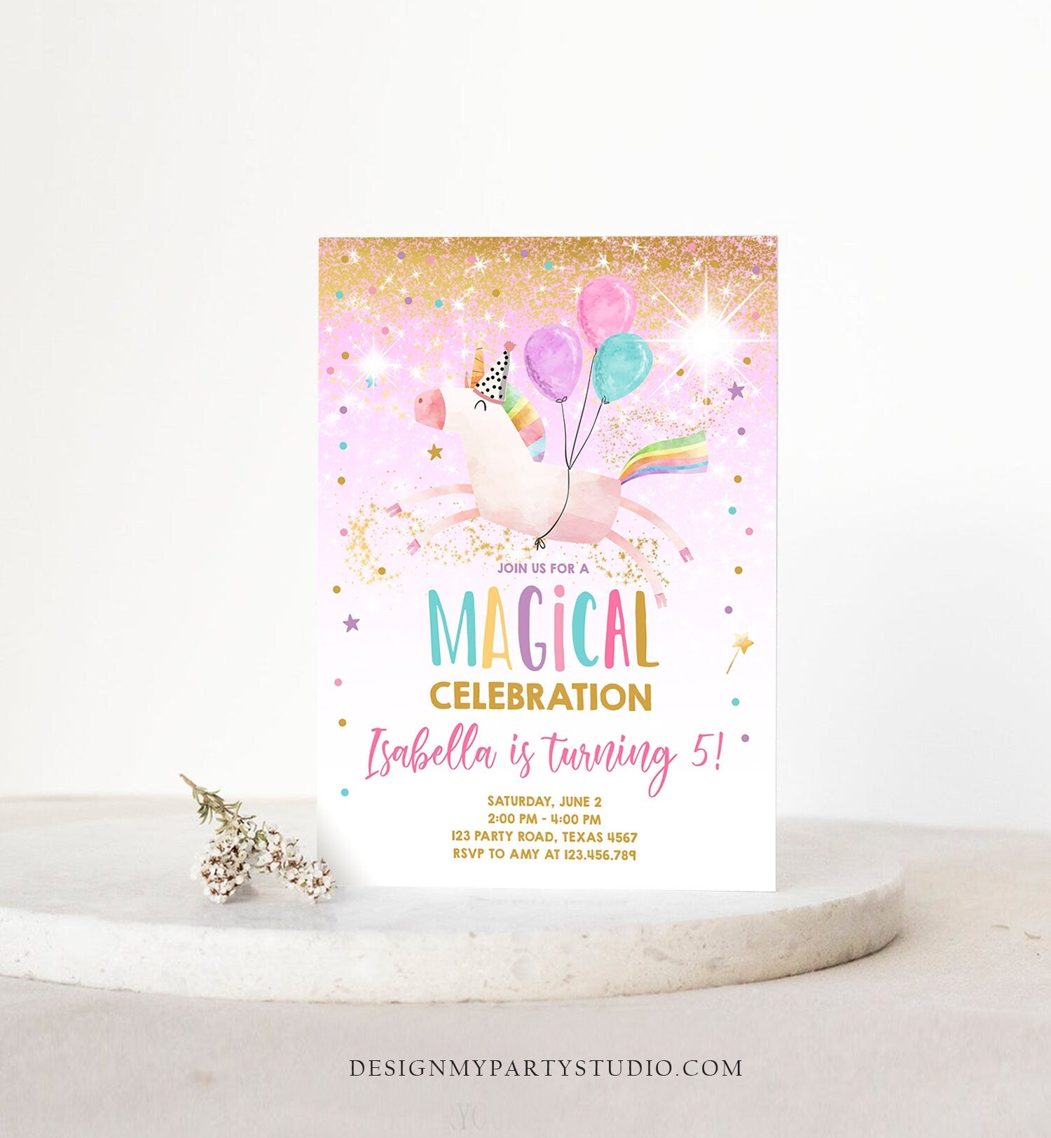 Editable Unicorn Birthday Invitation Magical Party Invite Girl Pink Gold Birthday Digital Invite Template Rainbow Download Corjl 0336