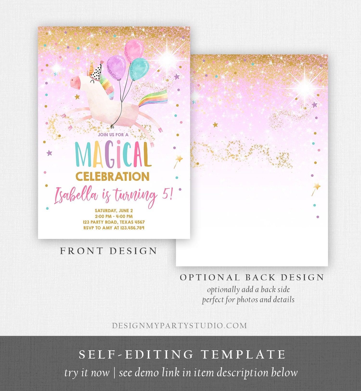 Editable Unicorn Birthday Invitation Magical Party Invite Girl Pink Gold Birthday Digital Invite Template Rainbow Download Evite 0336
