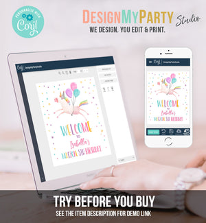 Editable Unicorn Welcome Sign Unicorn Birthday Door Sign Rainbow Girl Magical Party Sign Poster Pink First Template PRINTABLE Corjl 0336