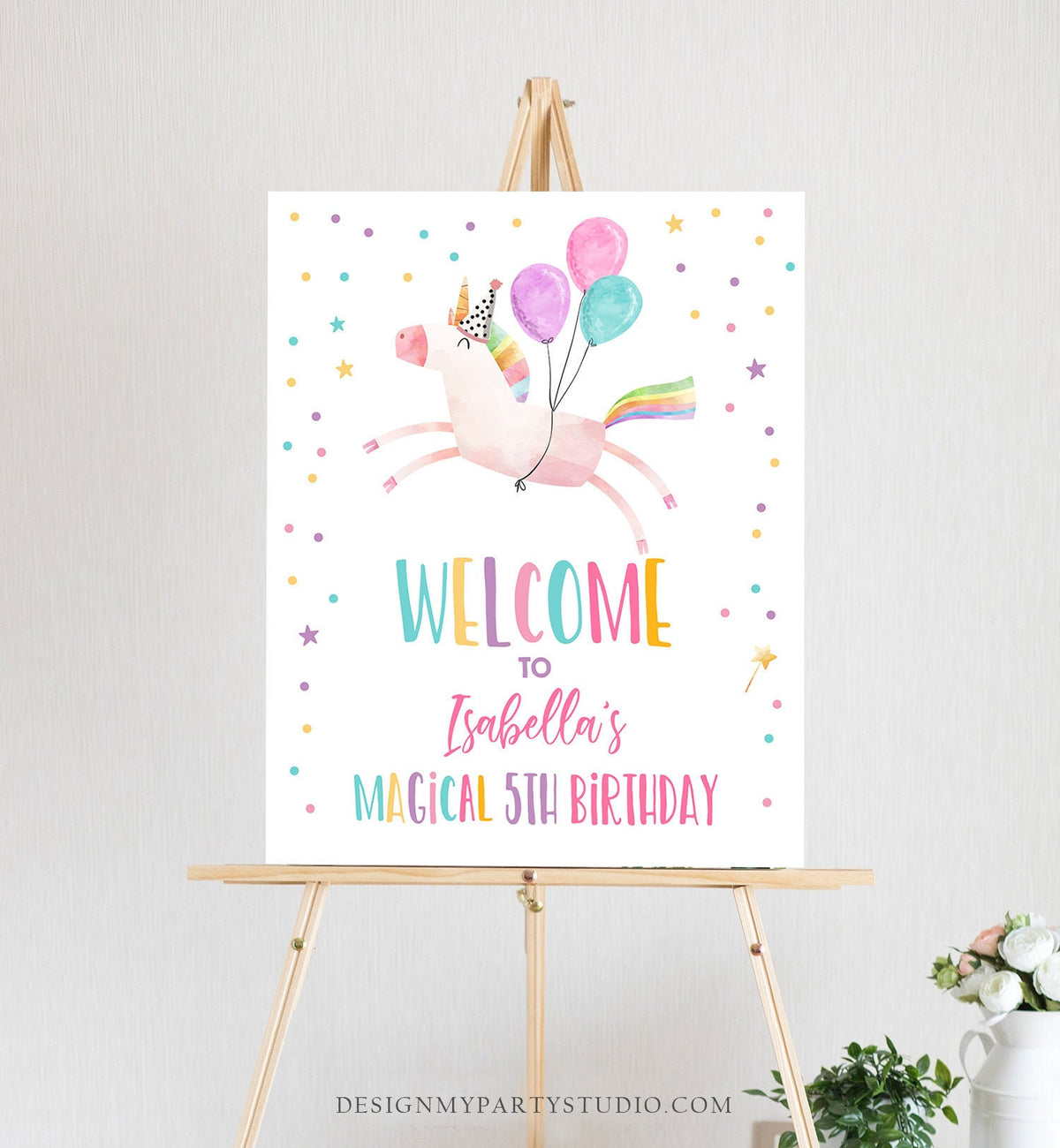 Editable Unicorn Welcome Sign Unicorn Birthday Door Sign Rainbow Girl Magical Party Sign Poster Pink First Template PRINTABLE Digital 0336